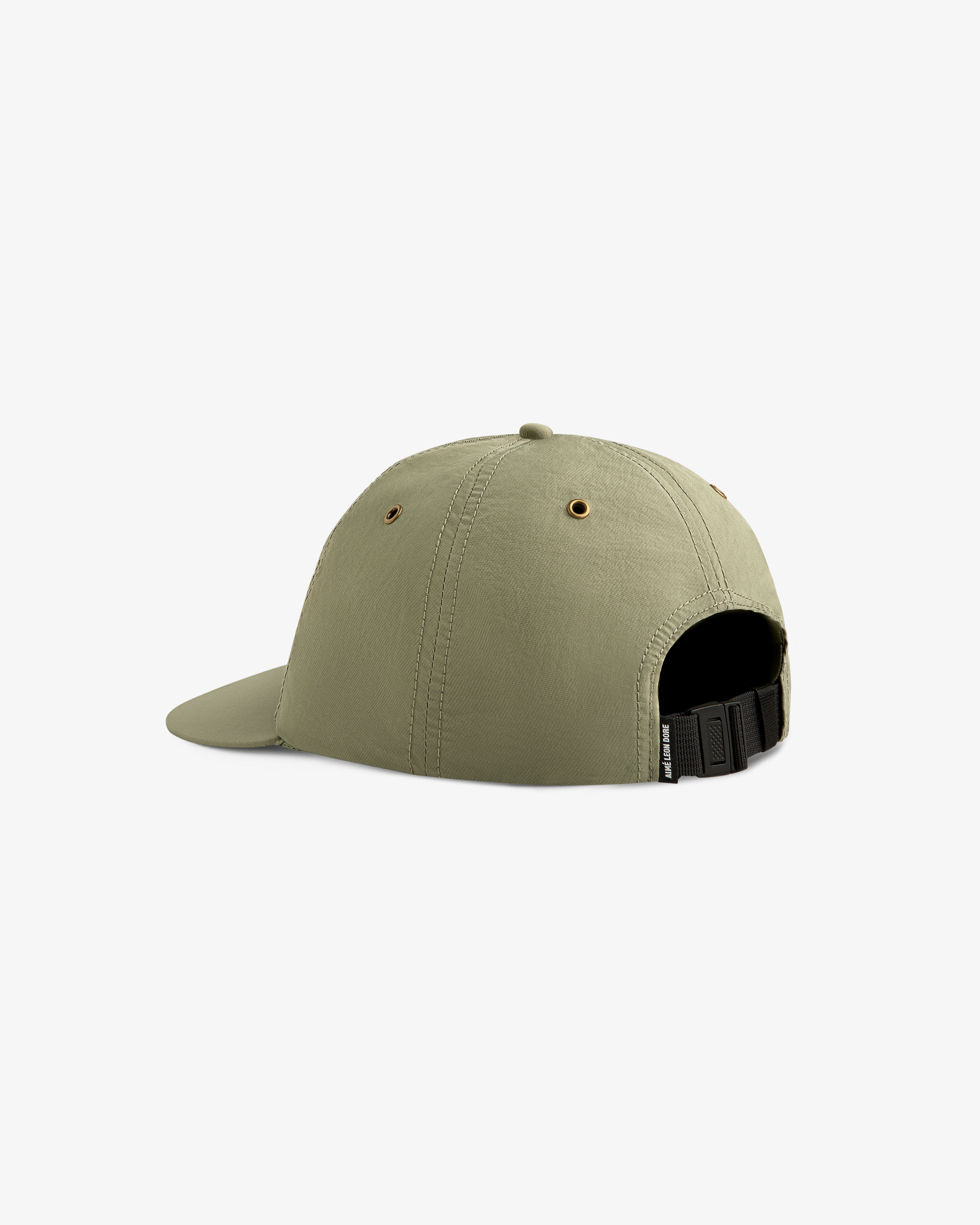 Script Sport Hat in light green, shown from the back with adjustable black strap and metal eyelets.
