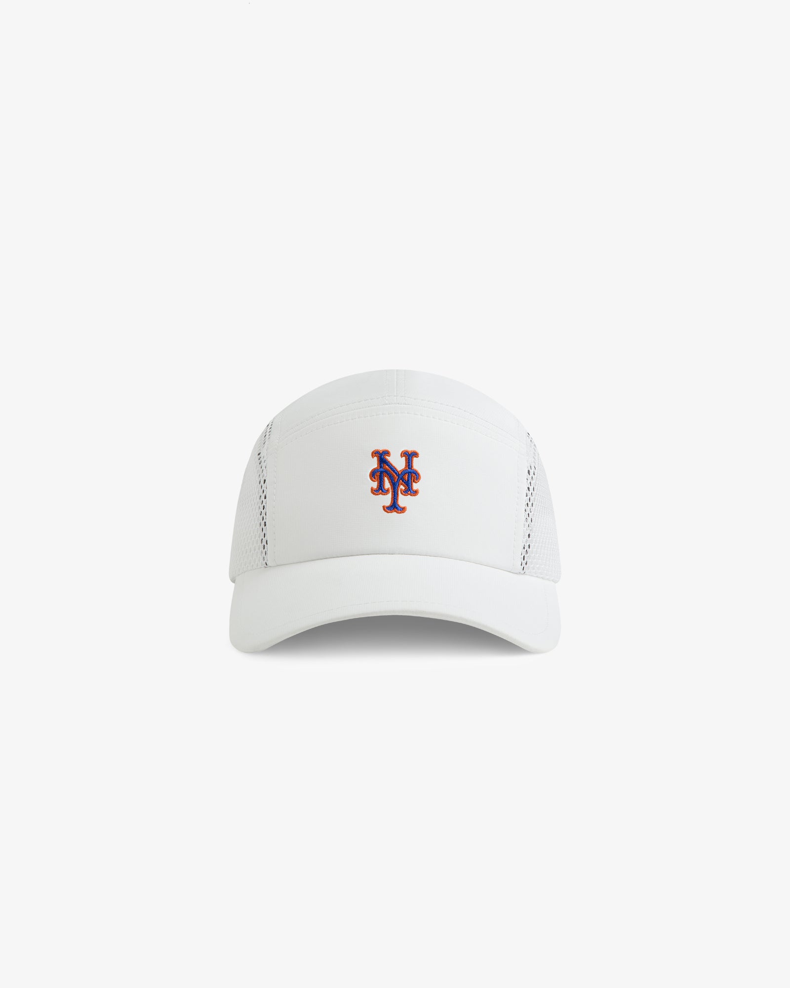 ALD / New Era Mets Running Hat: white sports visor with blue and orange Mets logo, shown on plain background.