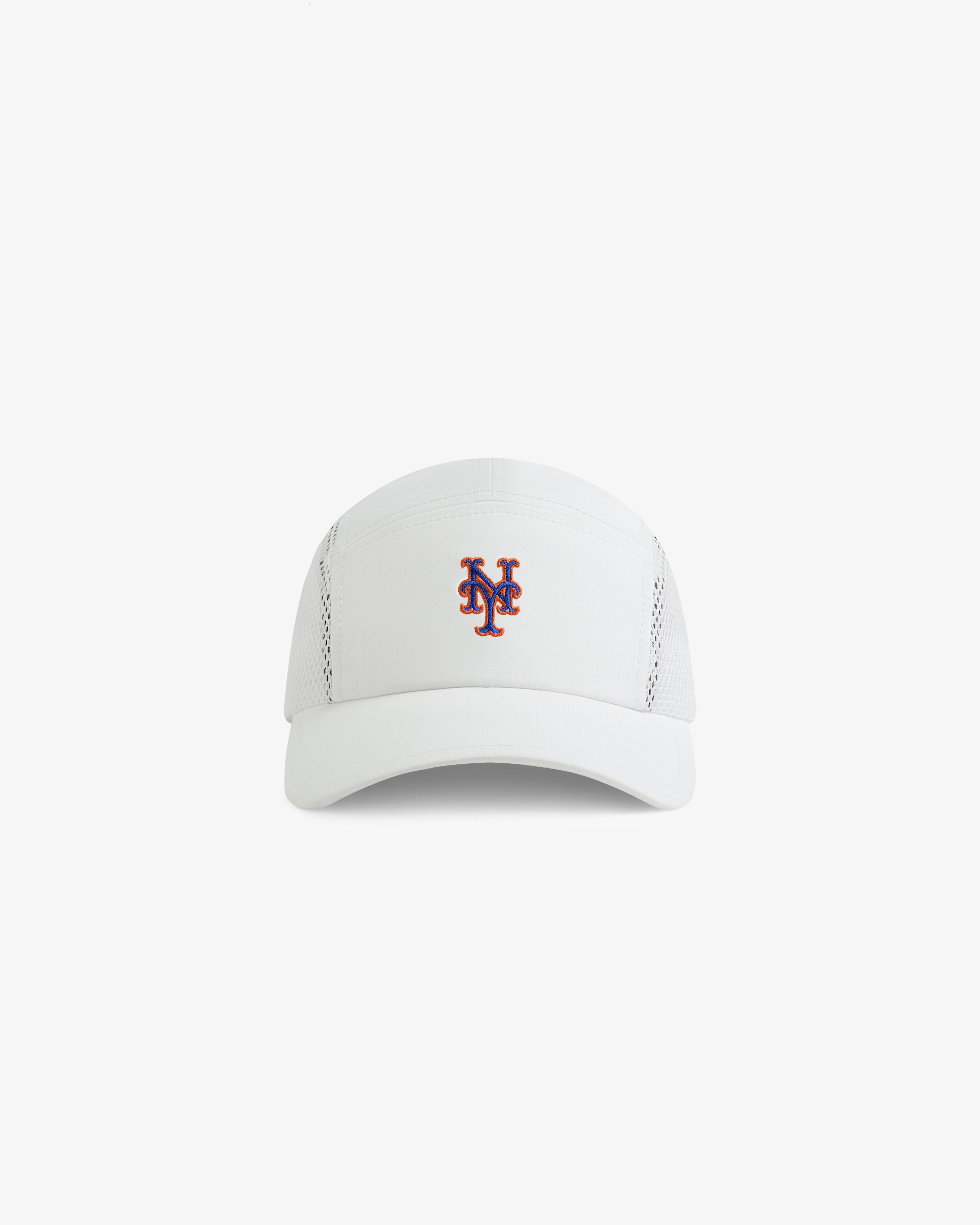 ALD / New Era Mets Running Hat: white sports visor with blue and orange Mets logo, shown on plain background.