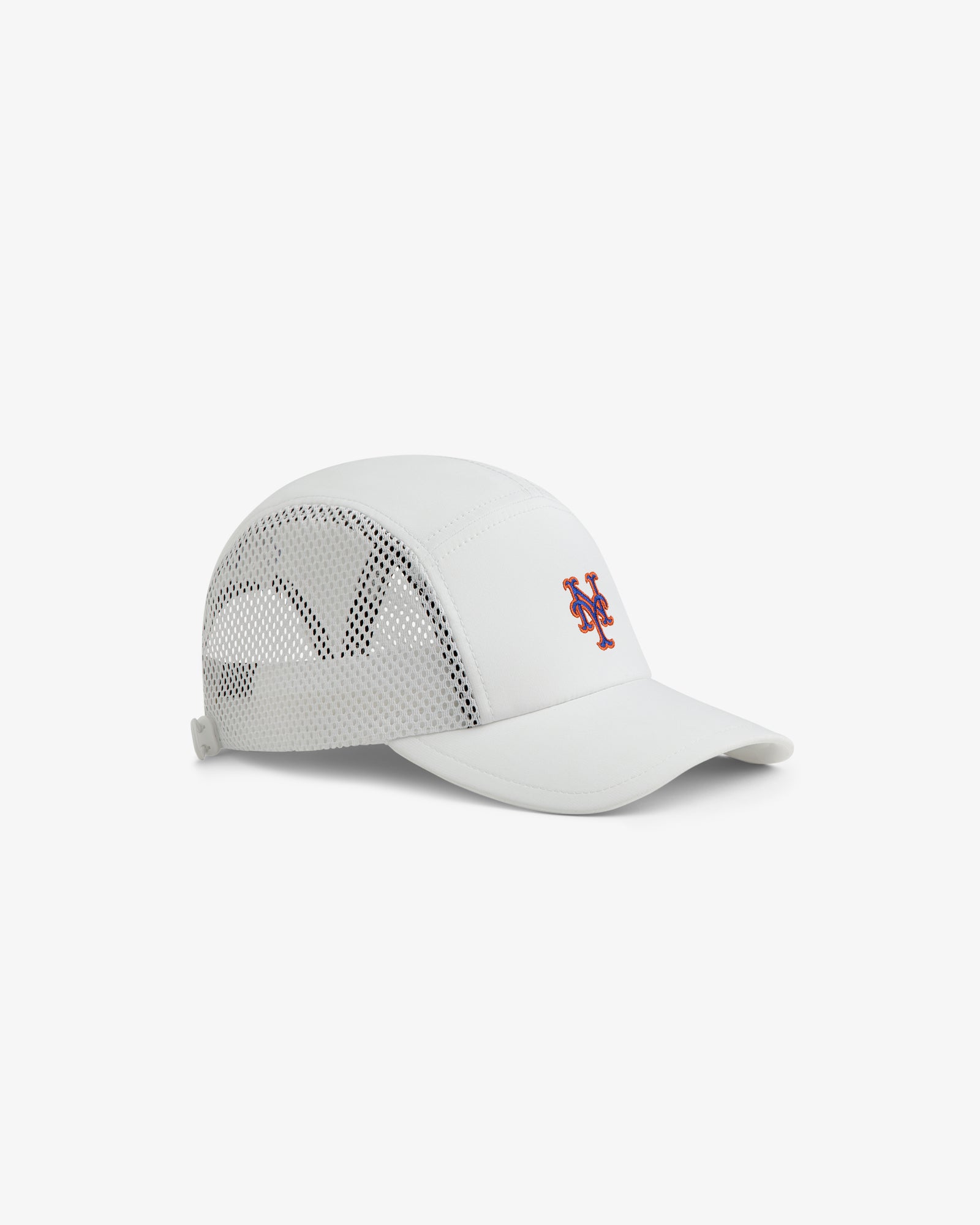 ALD / New Era Mets Running Hat: white with mesh sides, blue and orange Mets logo on front.