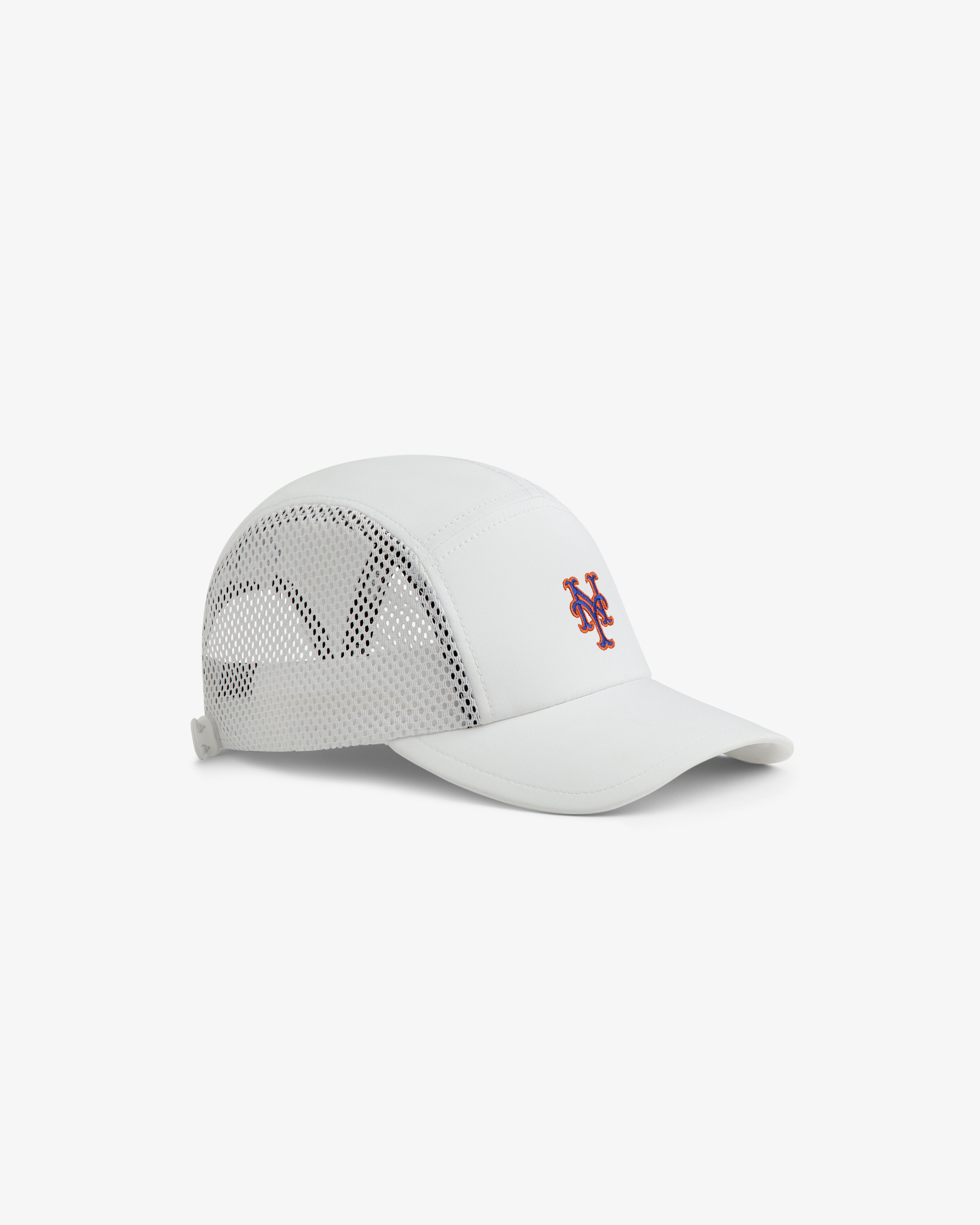 ALD / New Era Mets Running Hat: white with mesh sides, blue and orange Mets logo on front.