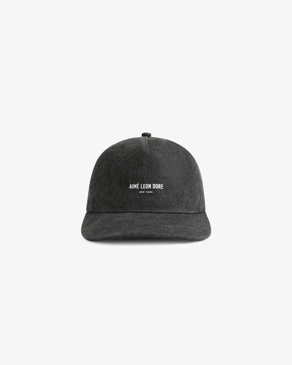 A dark gray Micro Logo Hat with Aime Leon Dore and New York embroidered in white on the front.