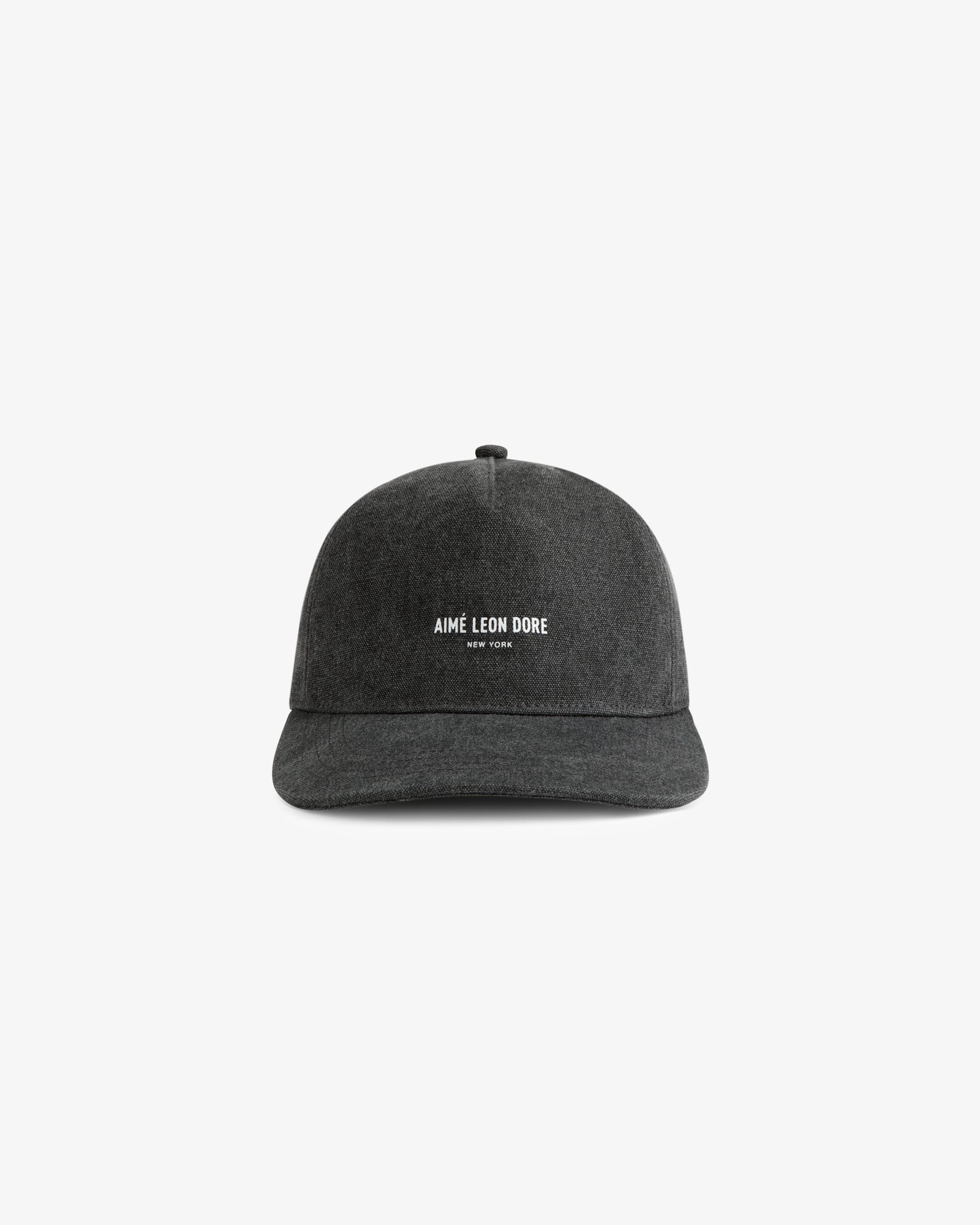 A dark gray Micro Logo Hat with Aime Leon Dore and New York embroidered in white on the front.