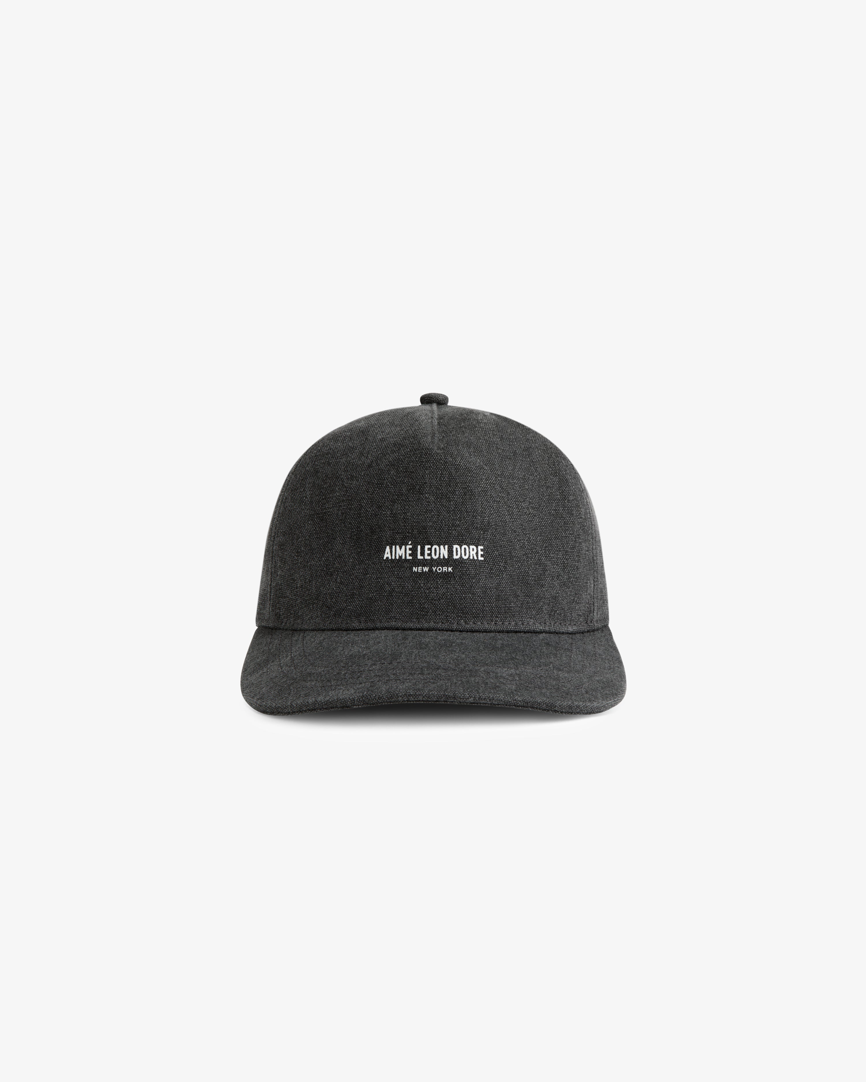 A dark gray Micro Logo Hat with Aime Leon Dore and New York embroidered in white on the front.