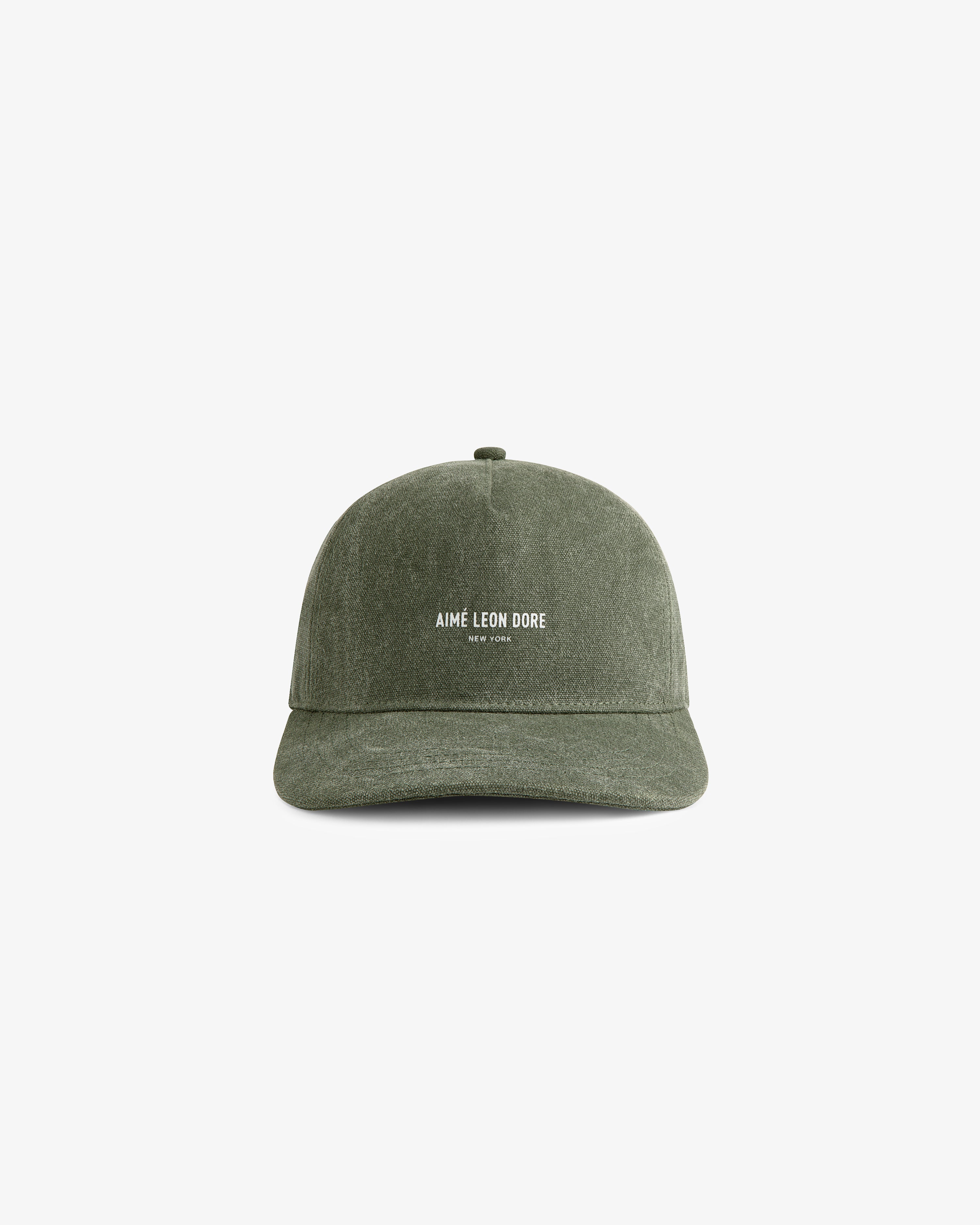 Olive green Micro Logo Hat with white AIME LEON DORE text logo, shown on a plain white background.