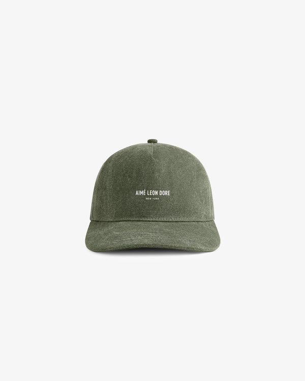 Olive green Micro Logo Hat with white AIME LEON DORE text logo, shown on a plain white background.