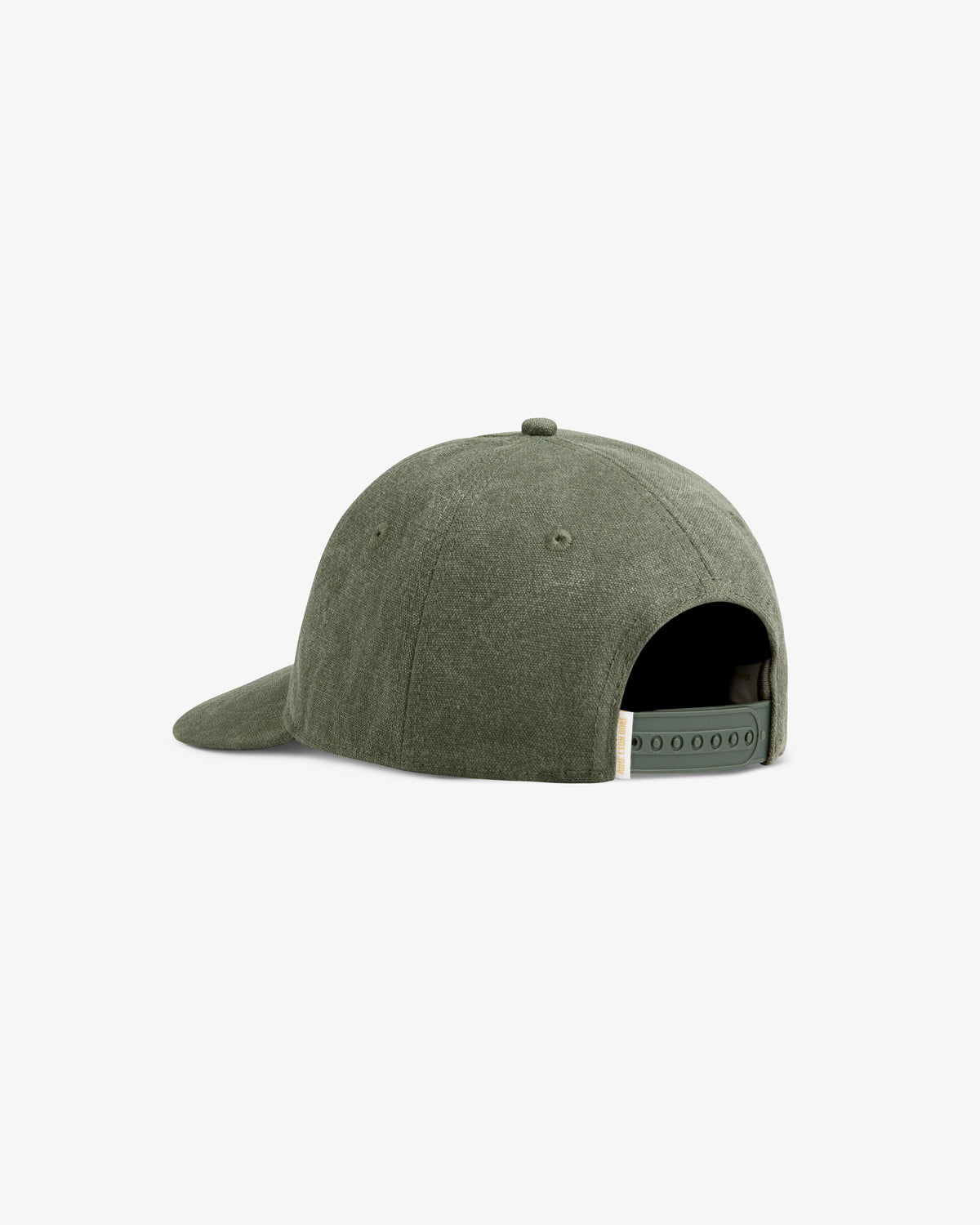 The Micro Logo Hat is a plain olive green baseball cap with an adjustable snap closure shown from the back.