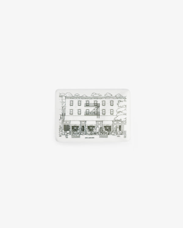 Mulberry Catchall Box: Rectangular white tray featuring a black line drawing of buildings, storefronts, trees, and people.