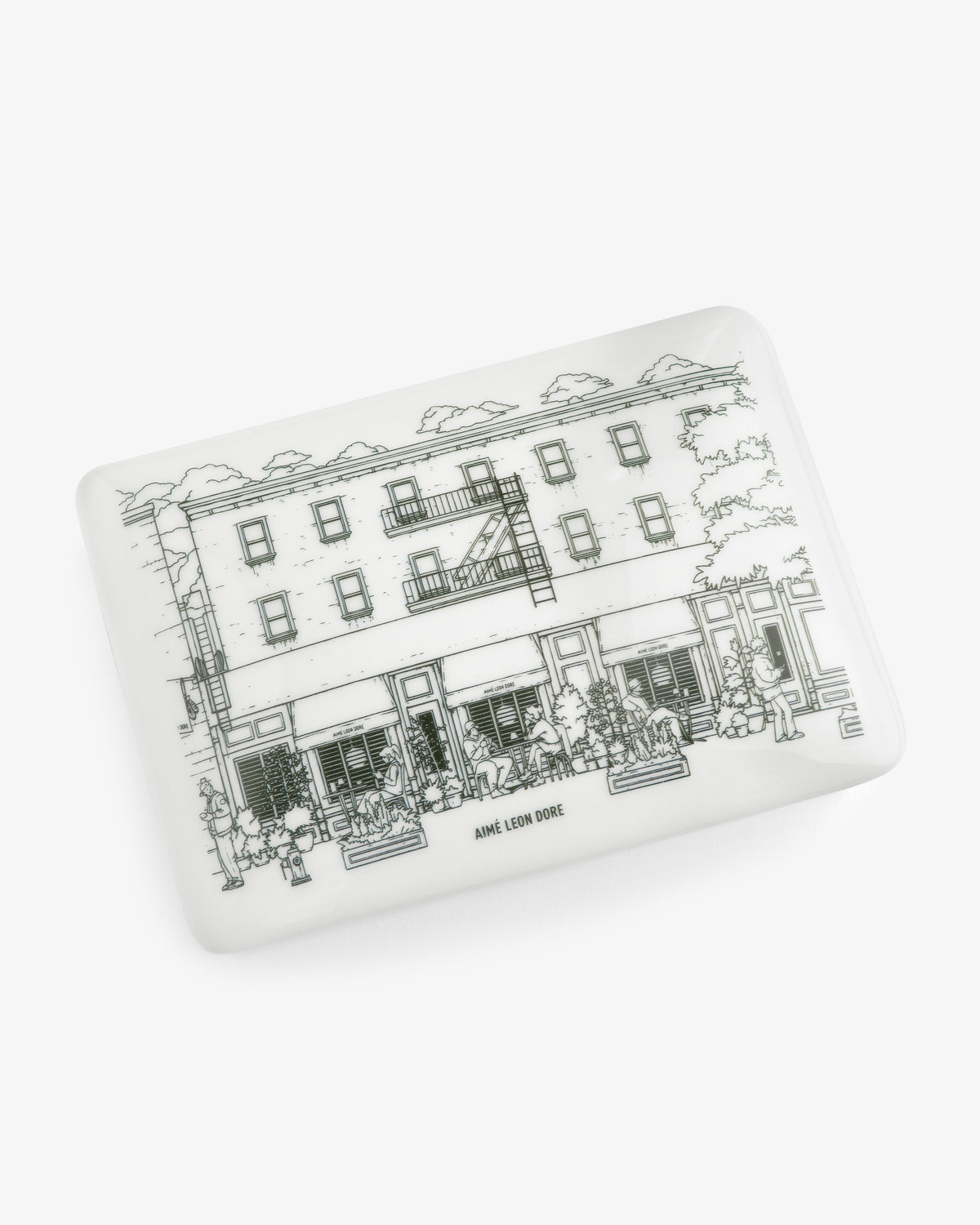 Mulberry Catchall Box: white rectangular tray with a black line drawing of an urban building and Aimé Leon Dore text.
