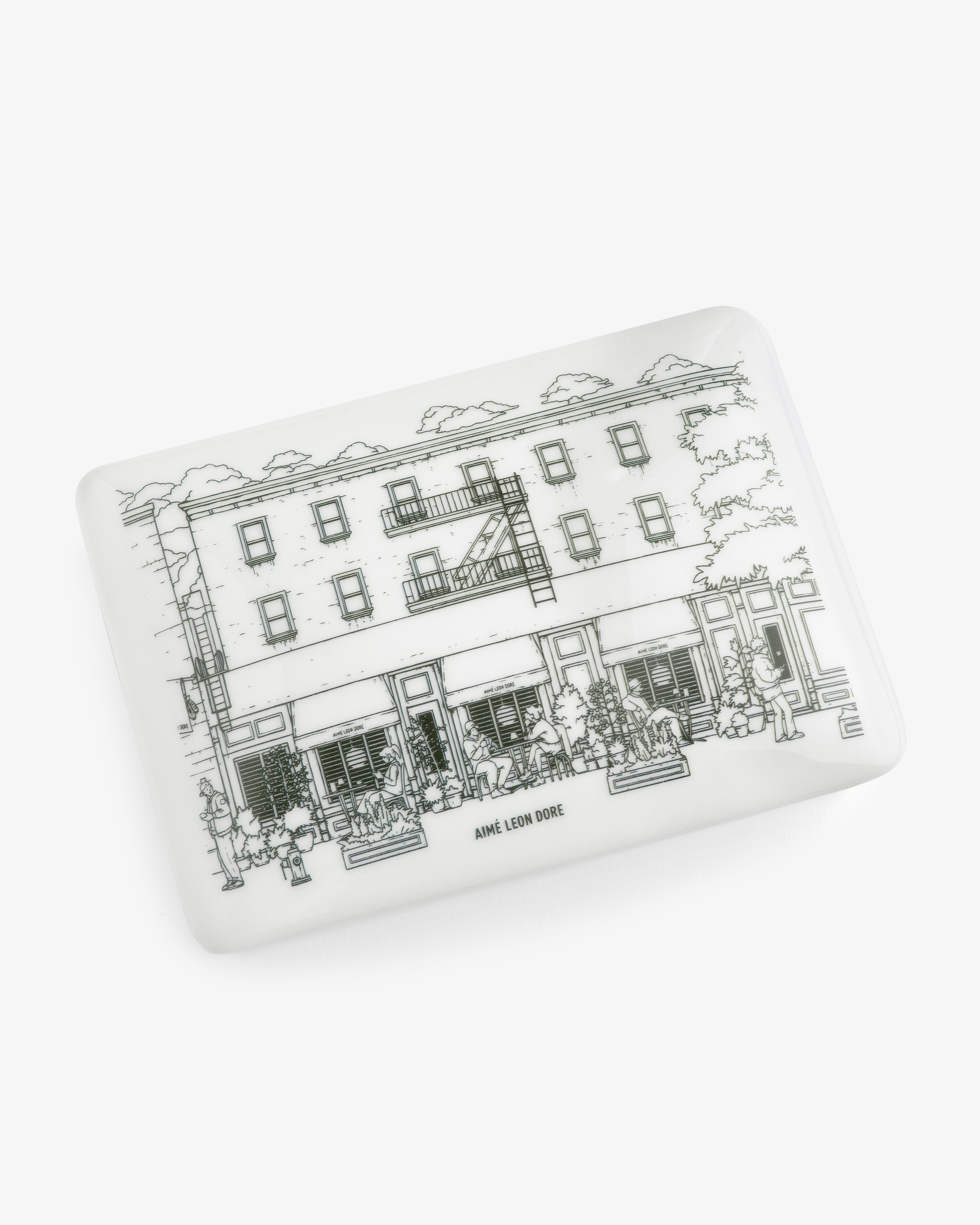 Mulberry Catchall Box: white rectangular tray with a black line drawing of an urban building and Aimé Leon Dore text.
