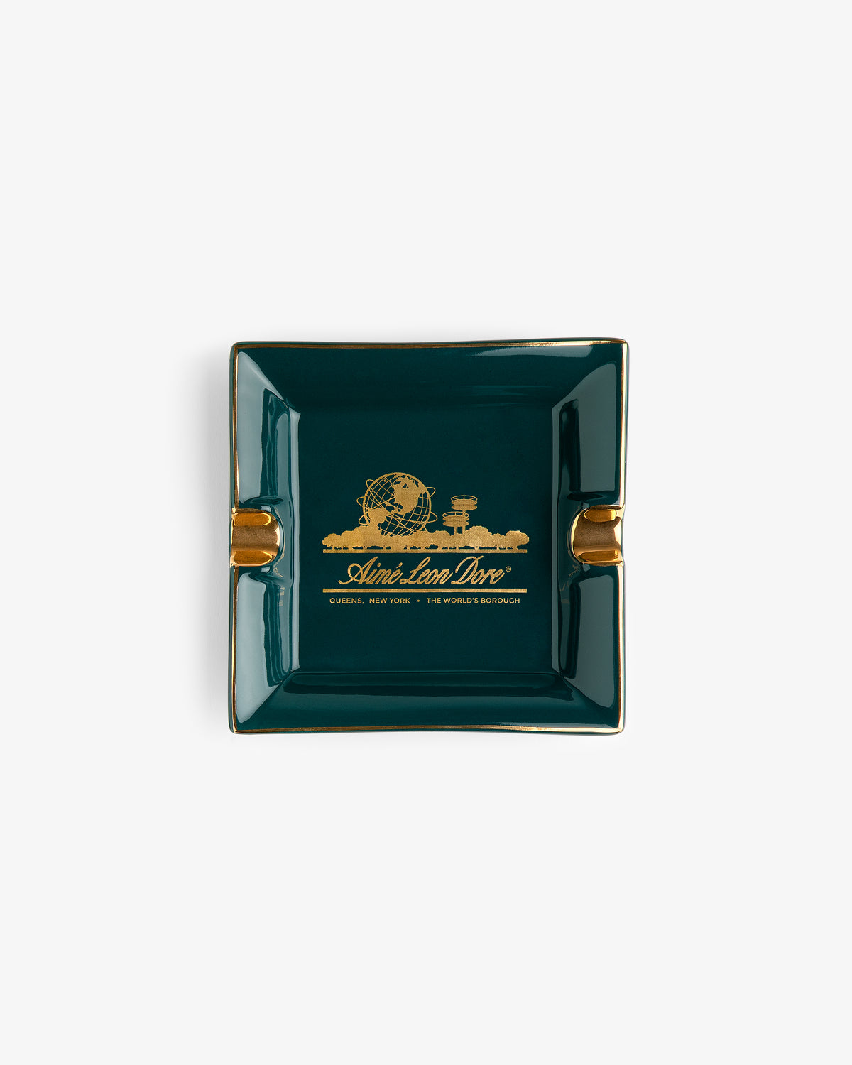 Unisphere Ashtray: dark green with gold trim and "Admit One Love, Queens, New York, The World's Borough" design.