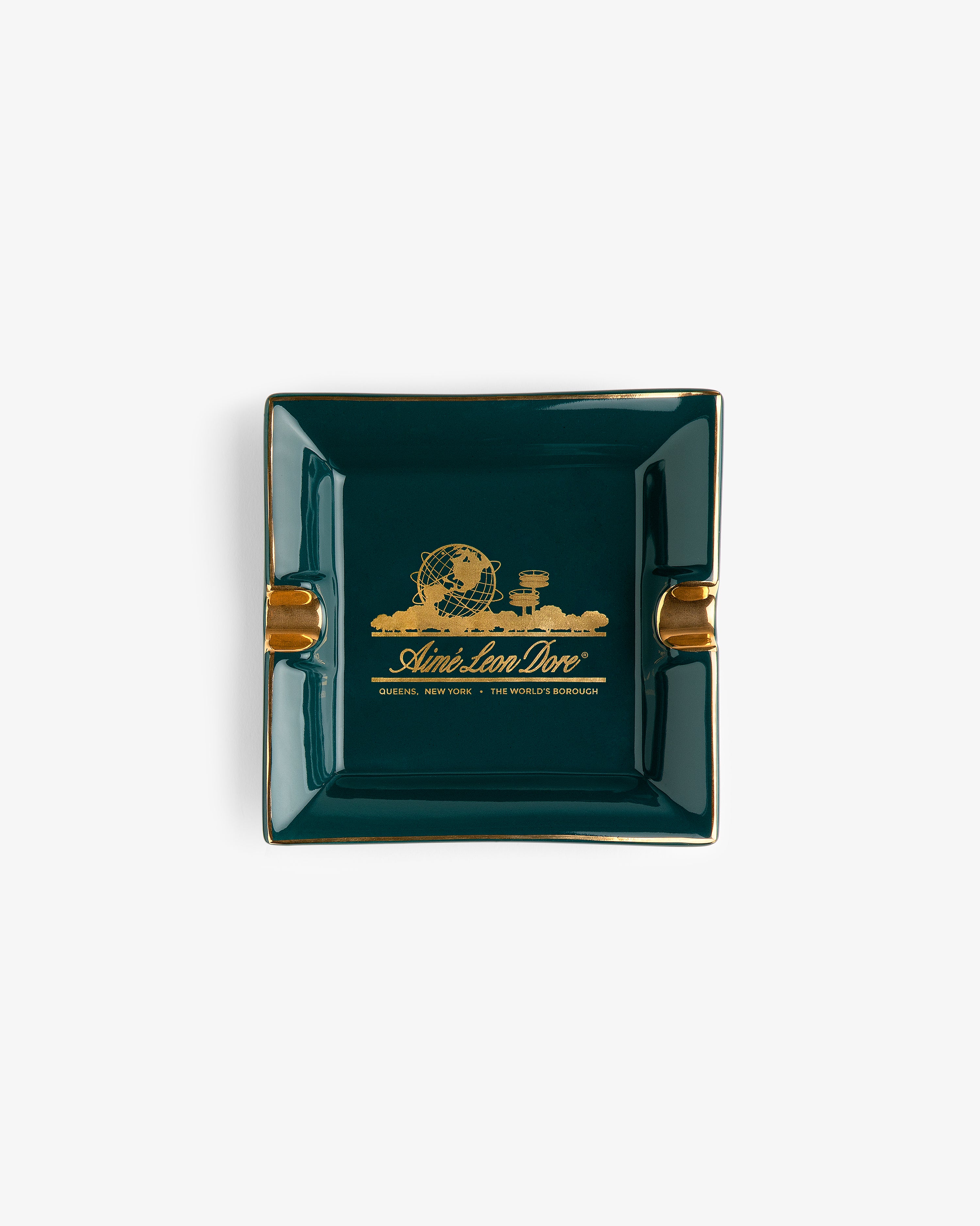 Unisphere Ashtray: dark green with gold trim and "Admit One Love, Queens, New York, The World's Borough" design.