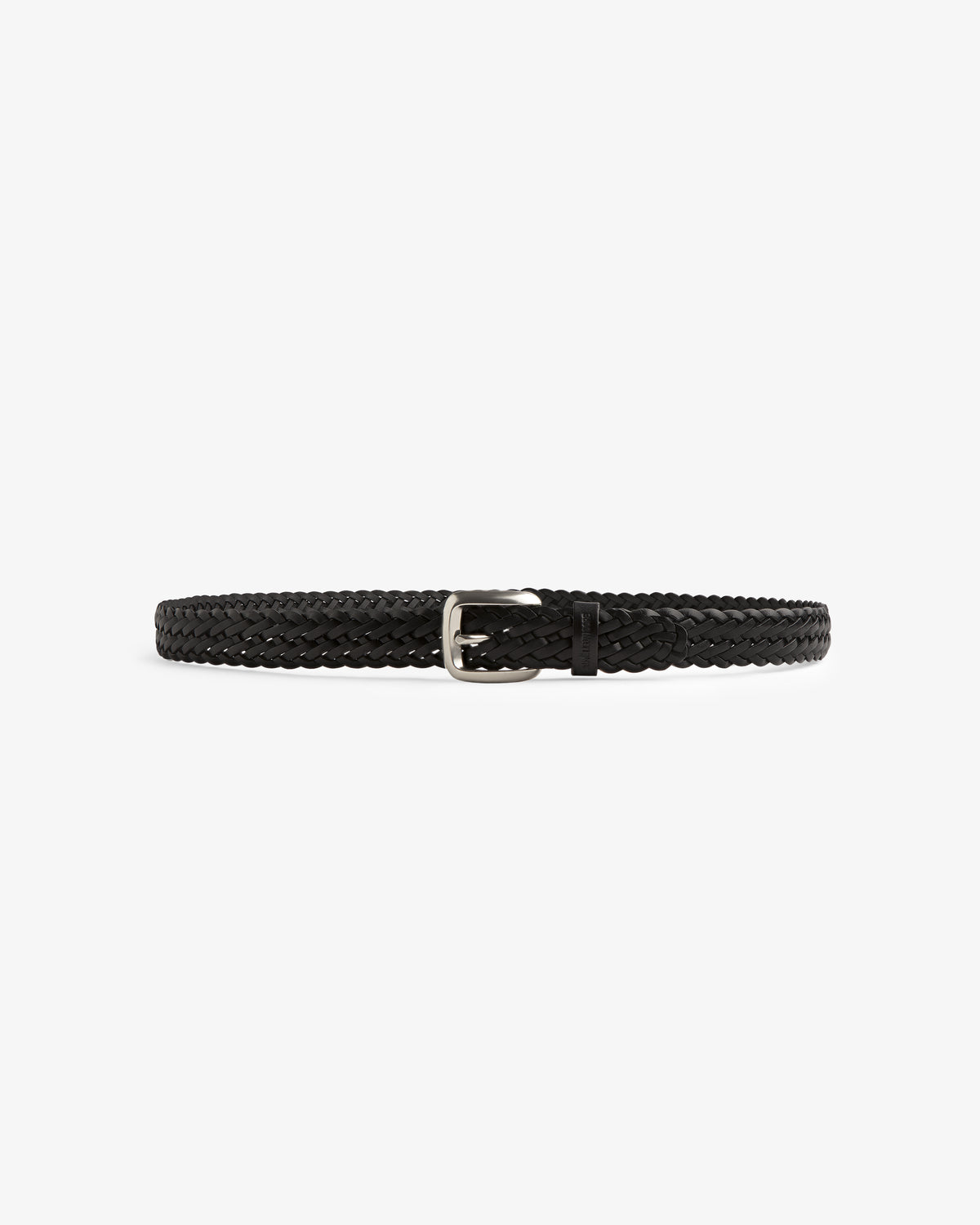 The Braided Leather Belt in black leather with a silver buckle is shown on a plain white background.