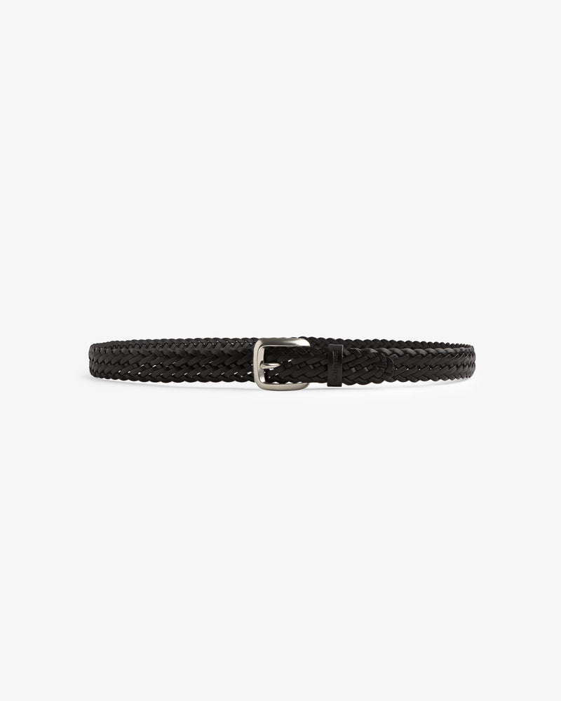 The Braided Leather Belt in black leather with a silver buckle is shown on a plain white background.