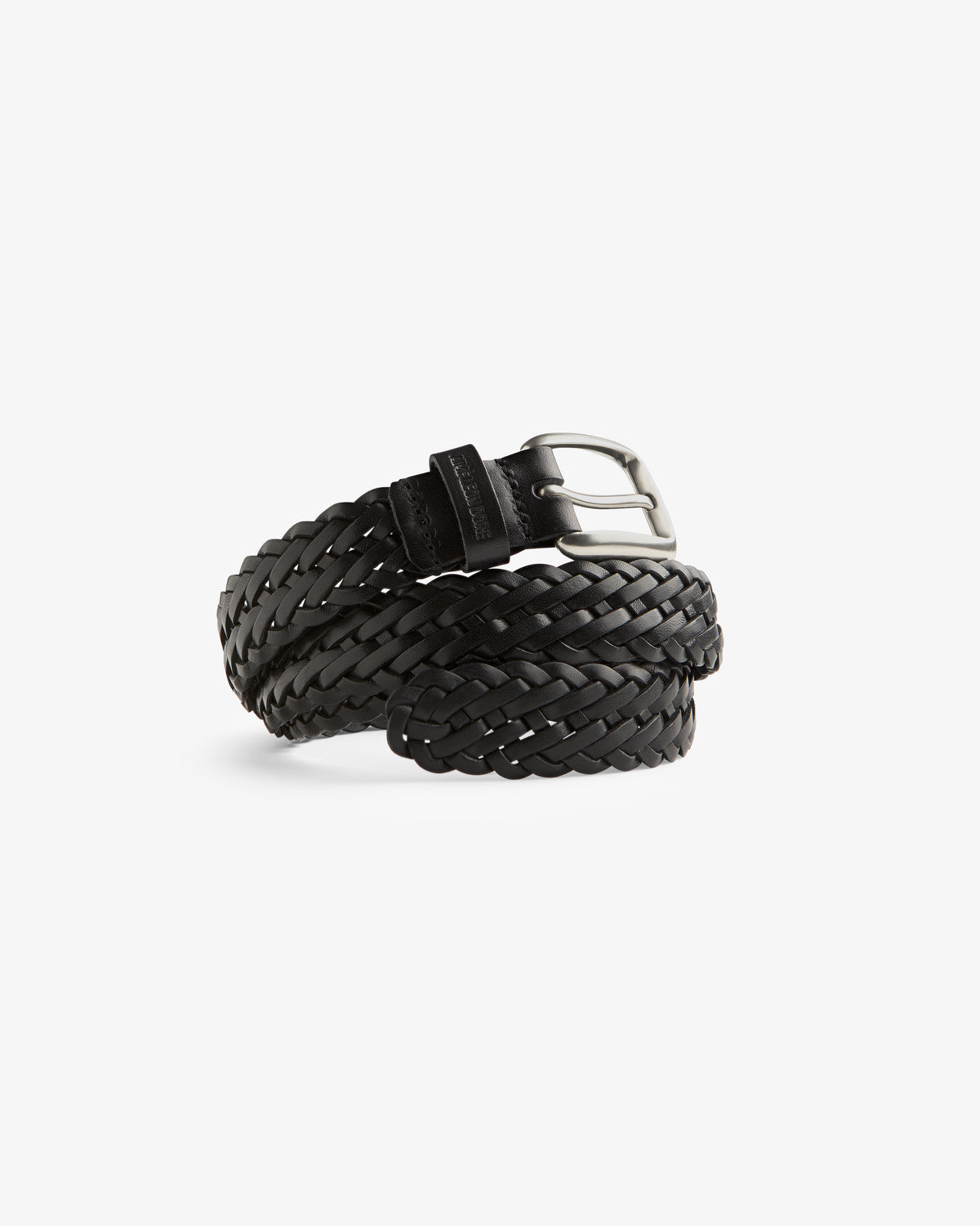 Braided Leather Belt in black with a silver buckle, coiled on a plain white background.