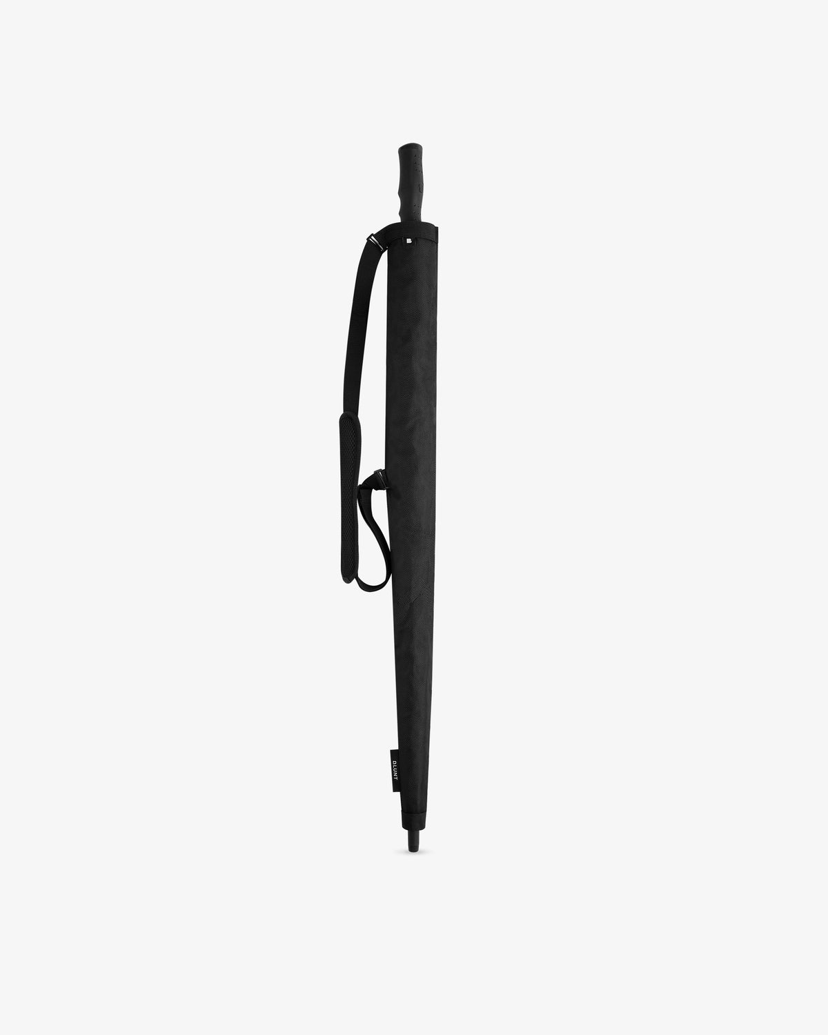 The ALD Golf Spectator Umbrella, black with a straight handle and shoulder strap, stands against a white background.