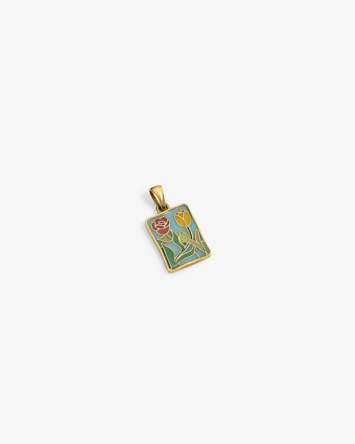 14Kt Gold Stained Glass Crest Pendant with red and yellow flowers, green leaves, on a white background.