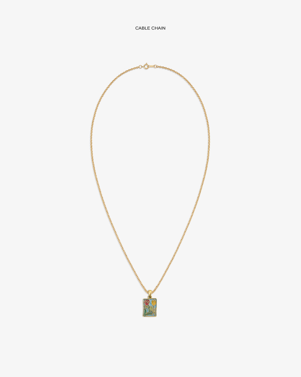 14Kt gold cable chain necklace with a colorful stained glass crest pendant.