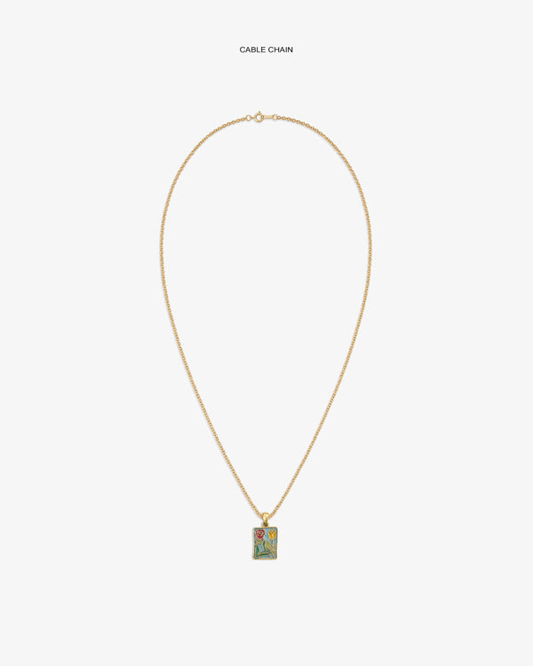 14Kt gold cable chain necklace with a colorful stained glass crest pendant.