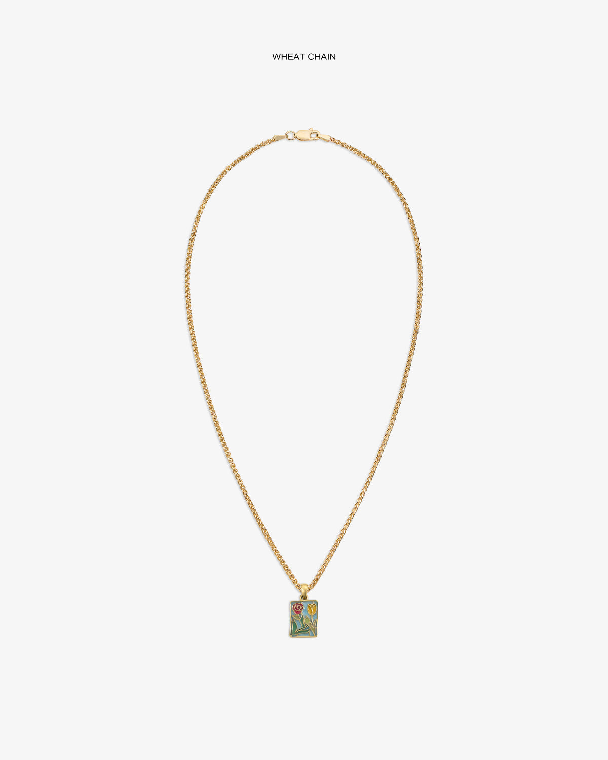 14Kt Gold Stained Glass Crest Pendant on a wheat chain, rectangular with a floral design, shown on white background.