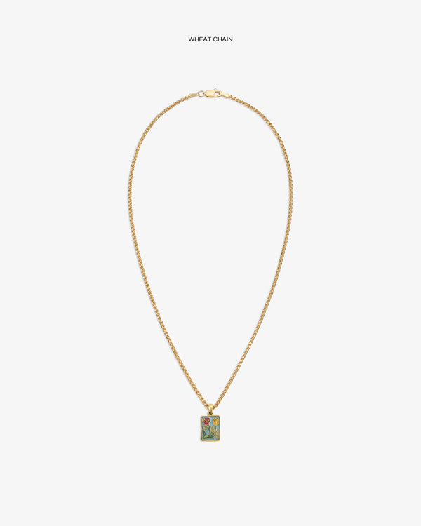 14Kt Gold Stained Glass Crest Pendant on a wheat chain, rectangular with a floral design, shown on white background.