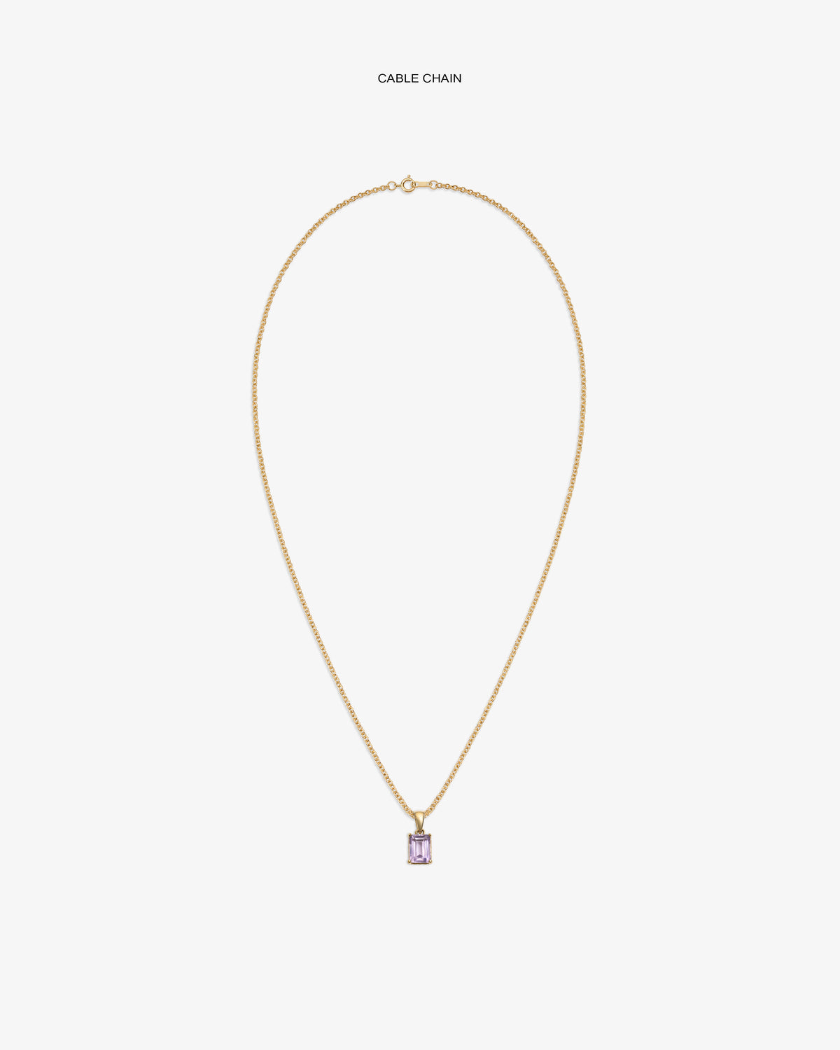14Kt Gold Gemstone Pendant features a cable chain and a rectangular light purple stone on a white background.