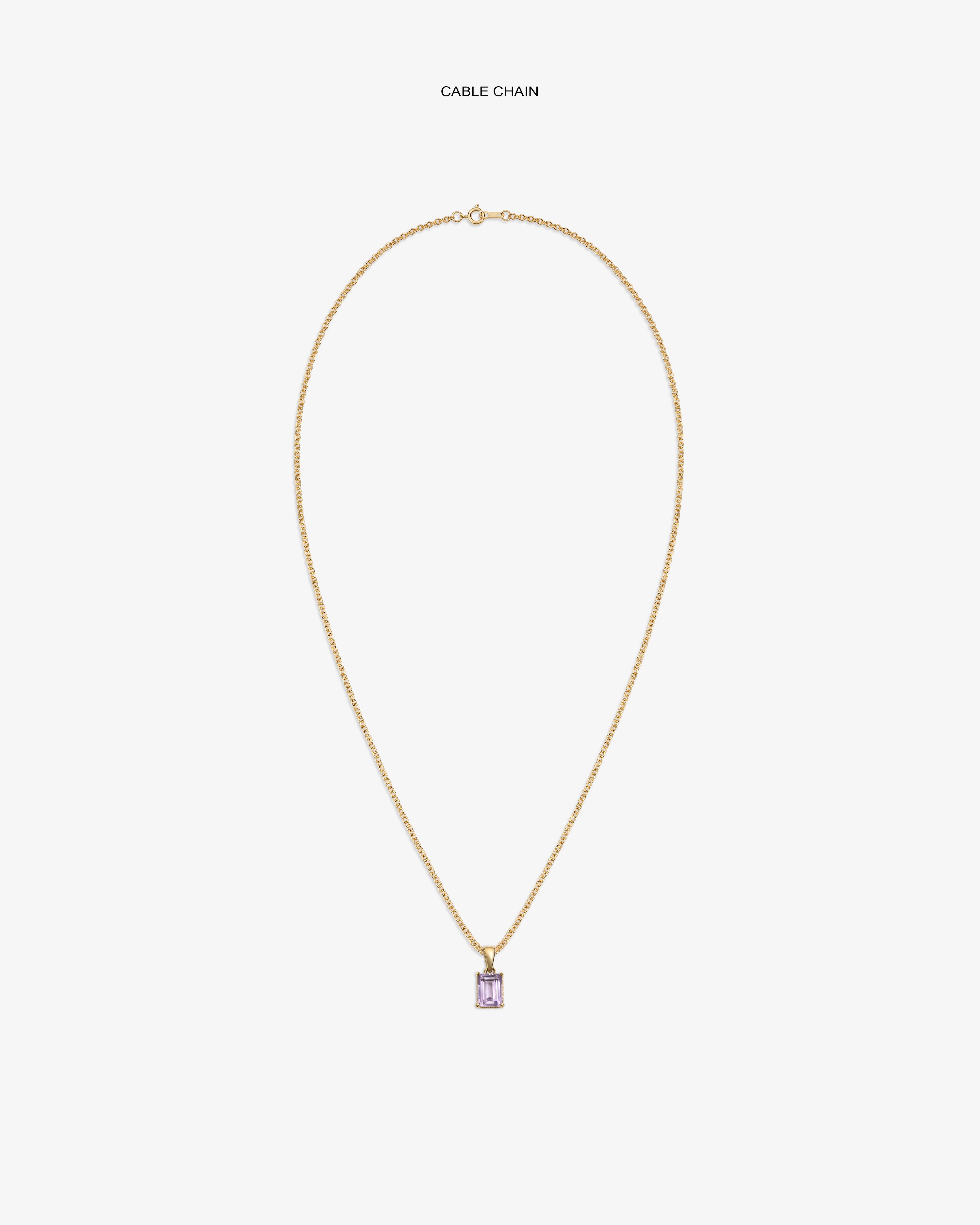 14Kt Gold Gemstone Pendant features a cable chain and a rectangular light purple stone on a white background.