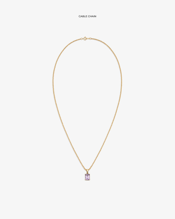 14Kt Gold Gemstone Pendant features a cable chain and a rectangular light purple stone on a white background.