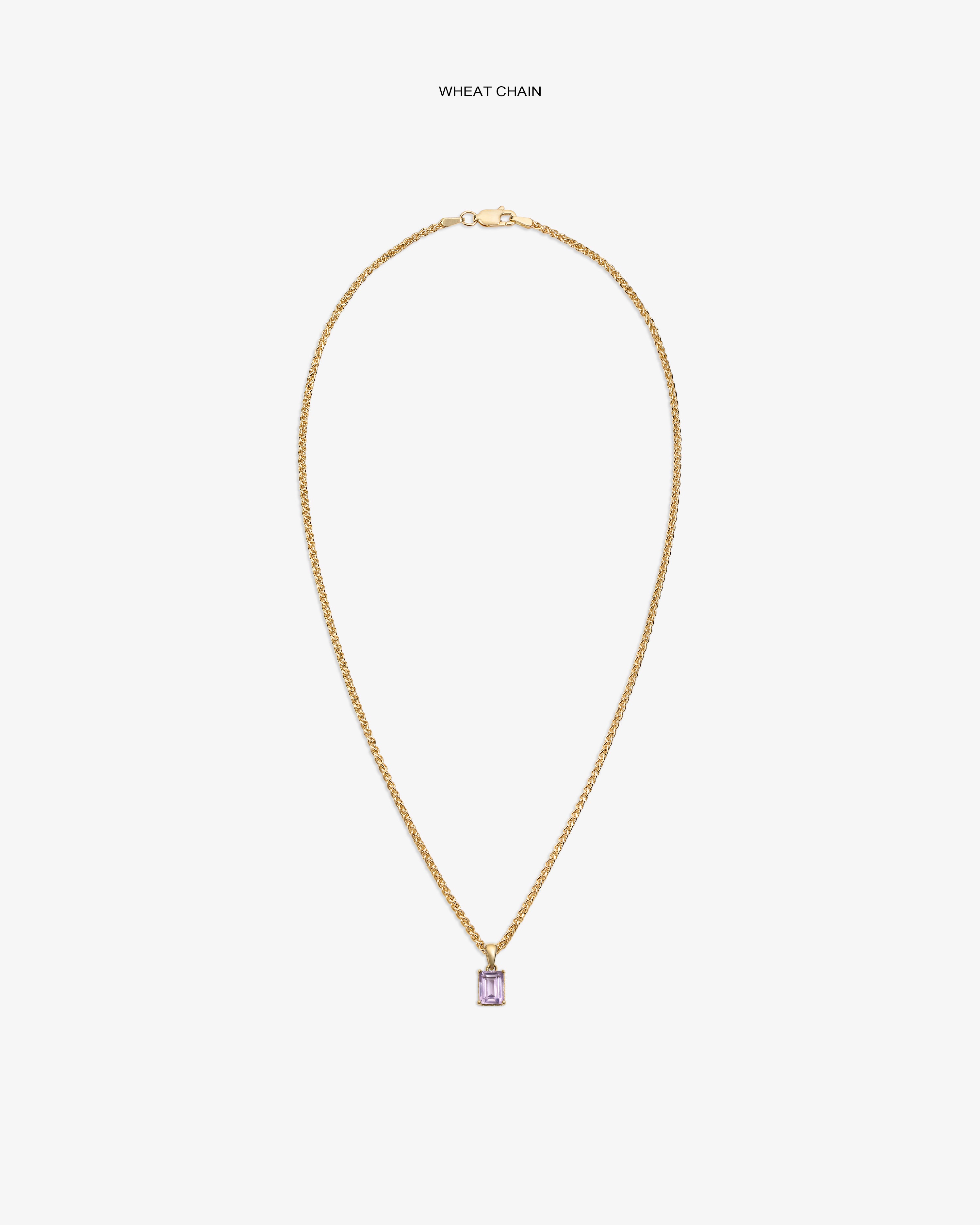 14Kt Gold Gemstone Pendant with purple rectangular stone on a wheat chain, shown against a white background.