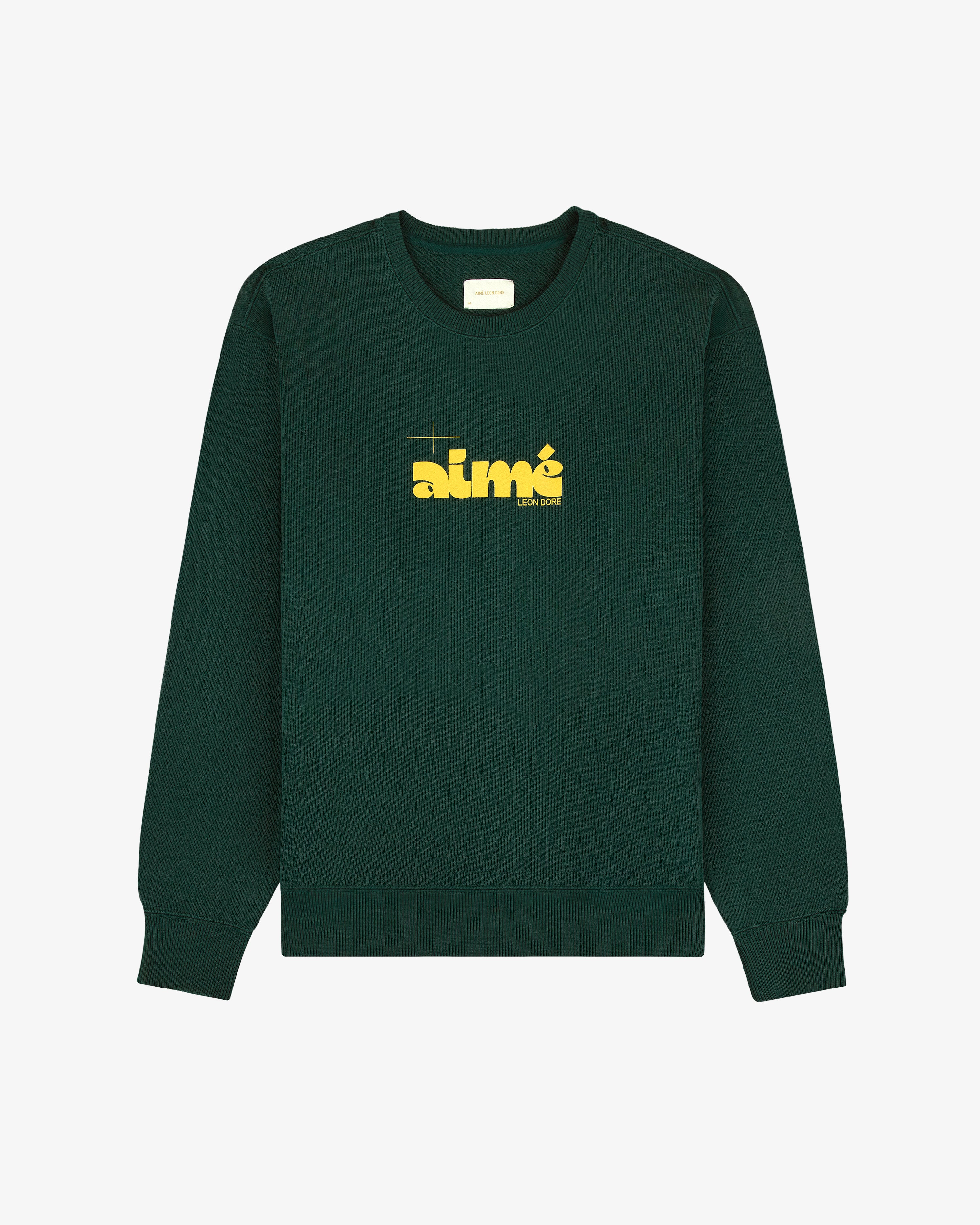Drafting Logo Crewneck Sweatshirt in dark green with yellow aimé text, shown flat on a white background.
