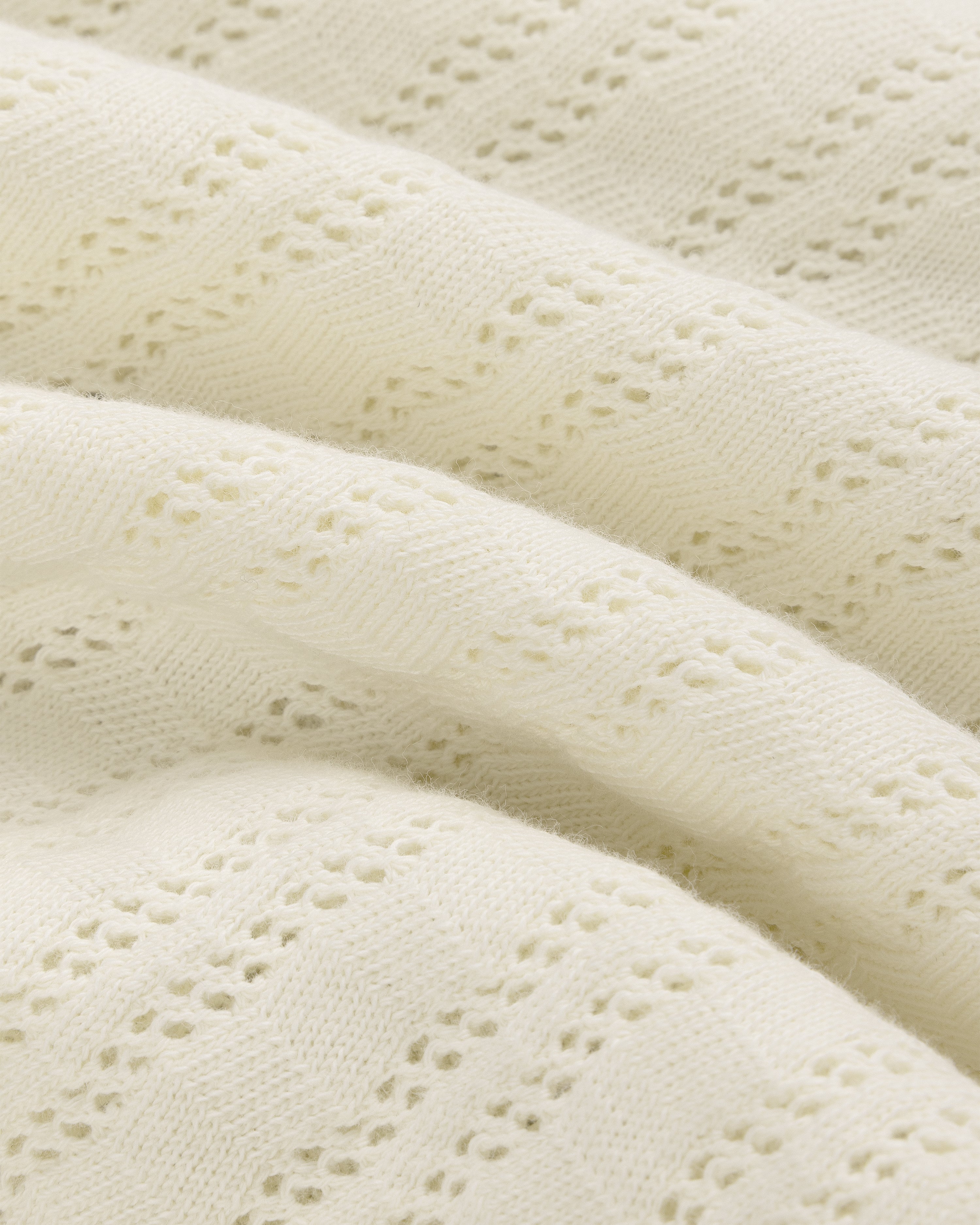 Close-up of the Eyelet Tank Top’s cream knit with a soft texture and delicate, repeating lace pattern.