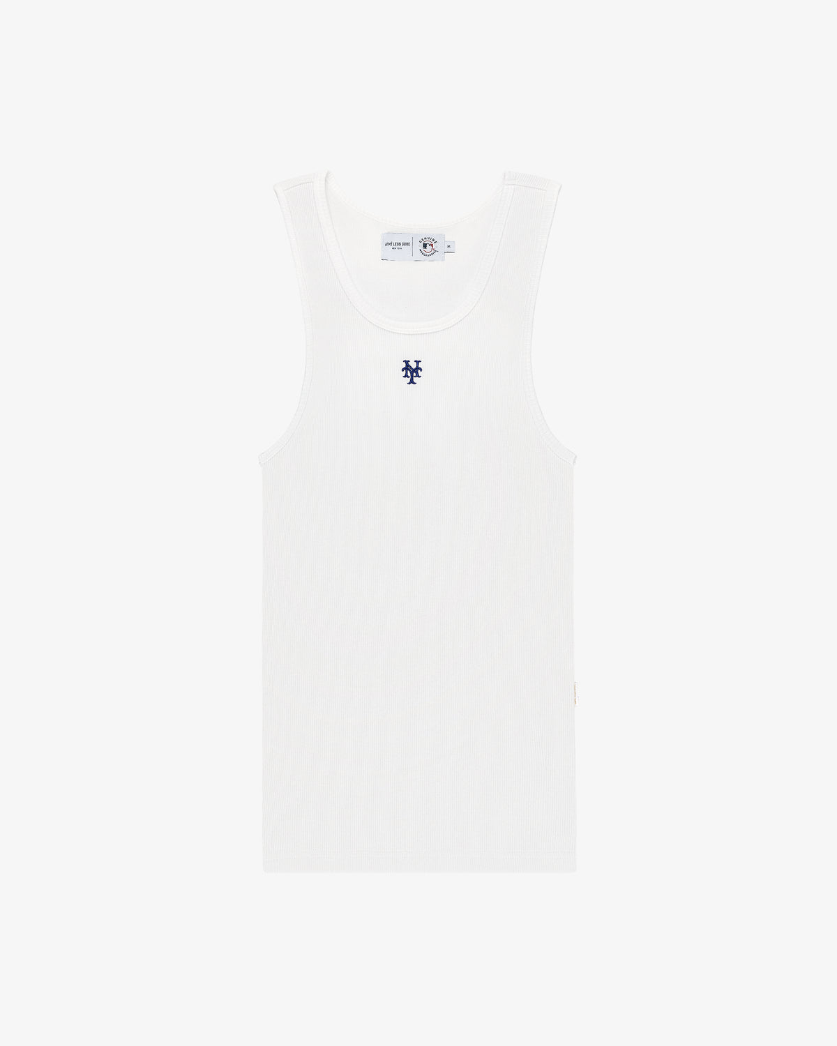 Mets Tank Top: White ribbed tank with a small blue chest logo, shown on a plain white background.