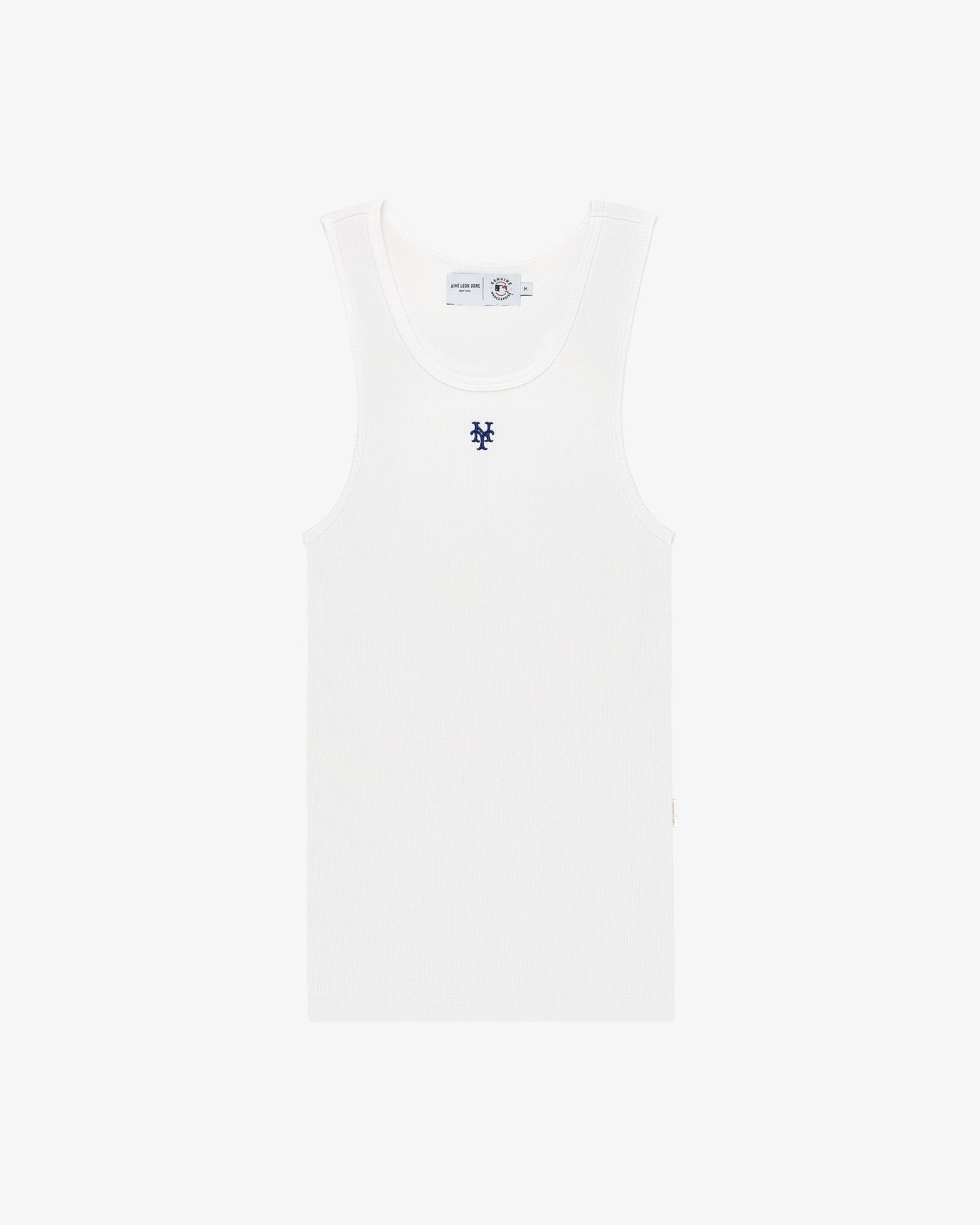 Mets Tank Top: White ribbed tank with a small blue chest logo, shown on a plain white background.