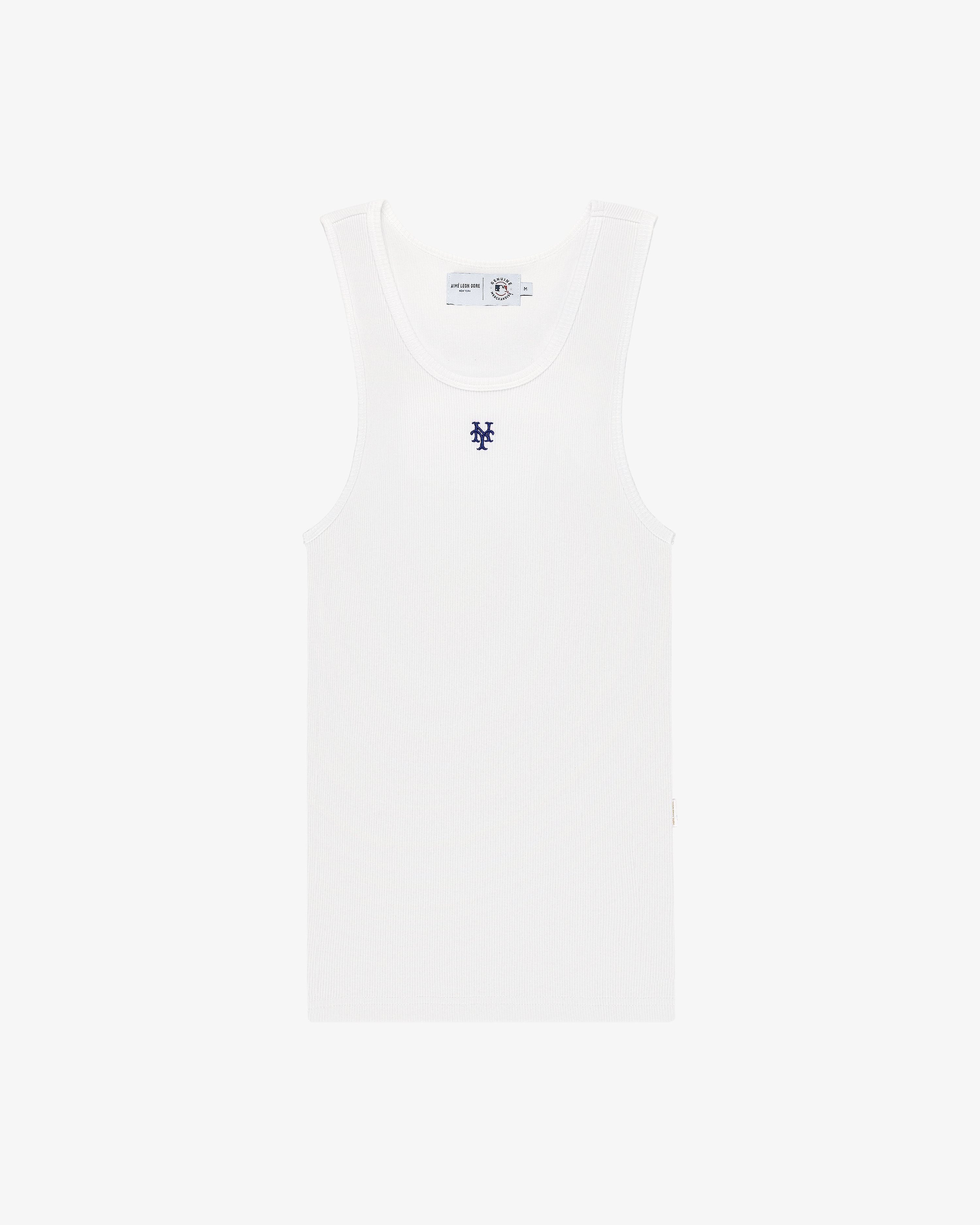 Mets Tank Top: White ribbed tank with a small blue chest logo, shown on a plain white background.