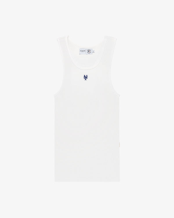Mets Tank Top: White ribbed tank with a small blue chest logo, shown on a plain white background.