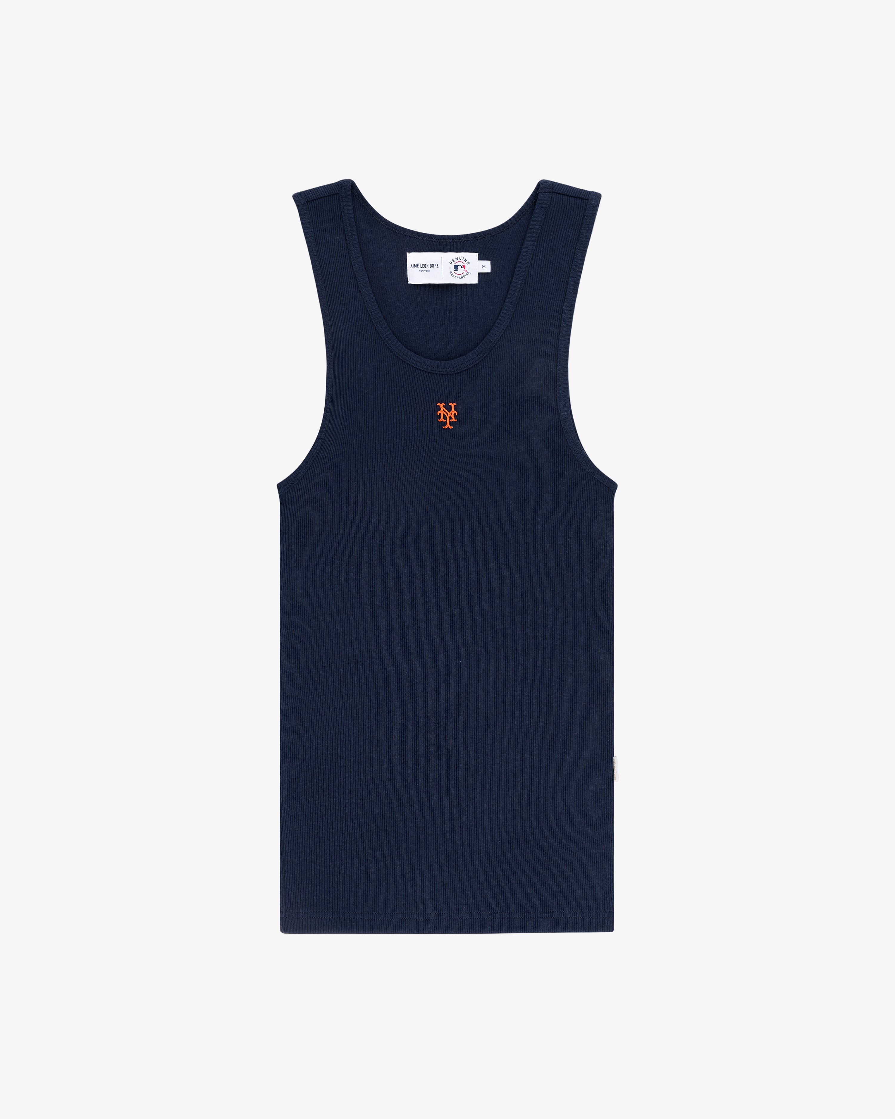 Mets Tank Top: navy blue ribbed tank with orange stitched logo on chest, shown on a white background.