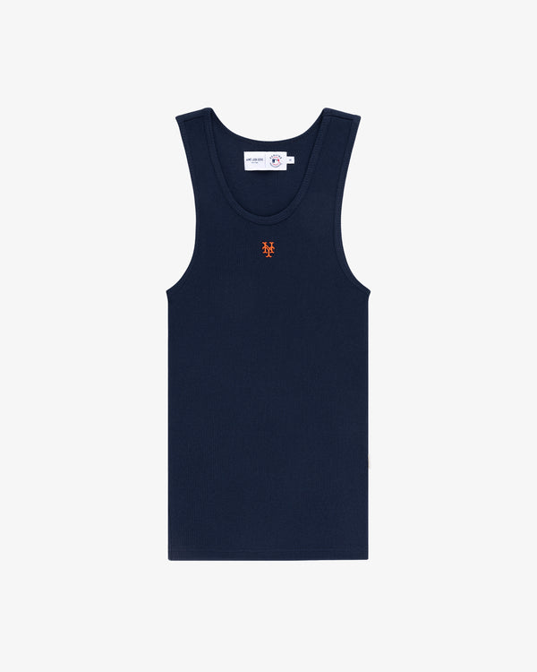 Mets Tank Top: navy blue ribbed tank with orange stitched logo on chest, shown on a white background.