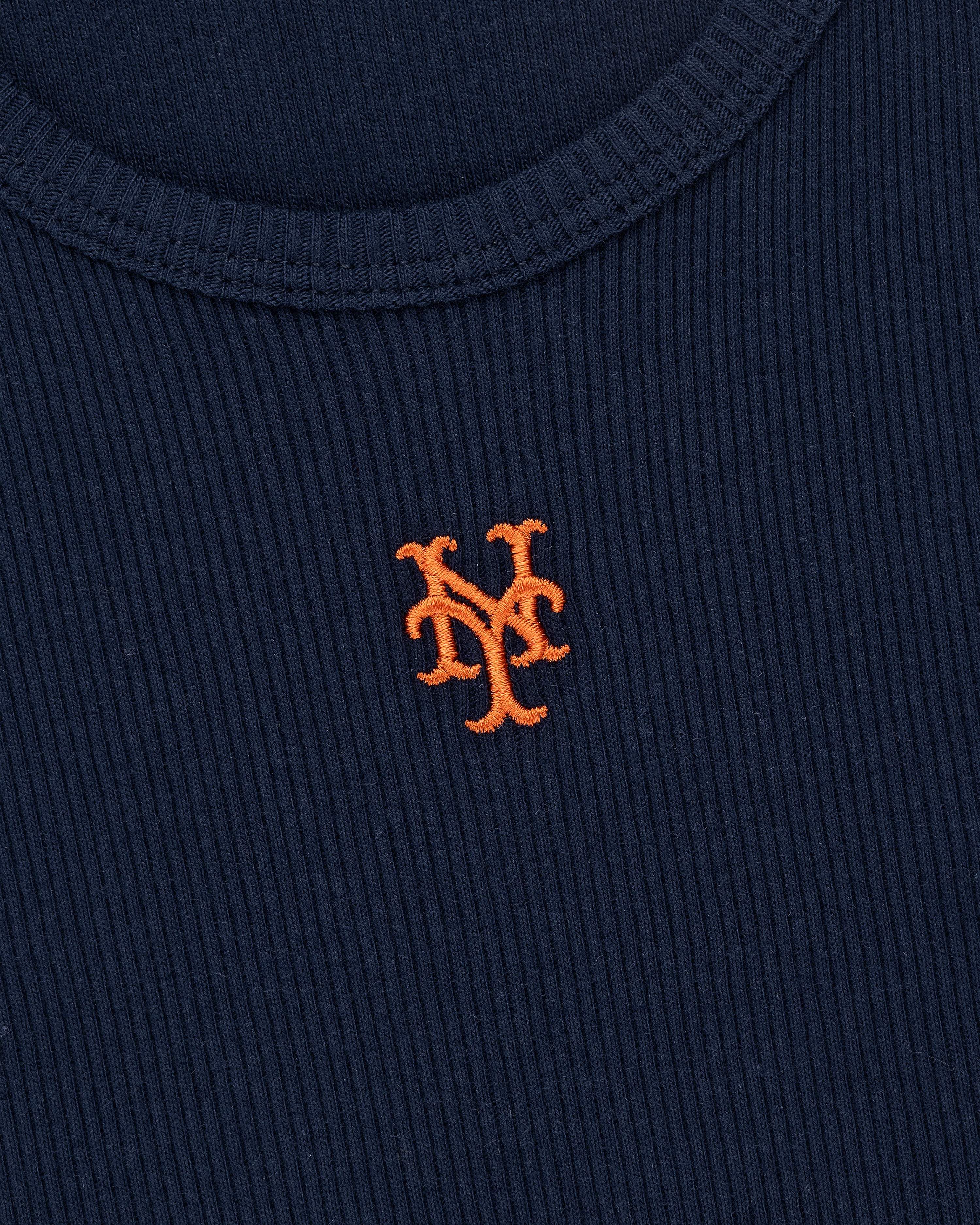 The Mets Tank Top features navy blue ribbed fabric with an orange embroidered interlocking NY logo centered.