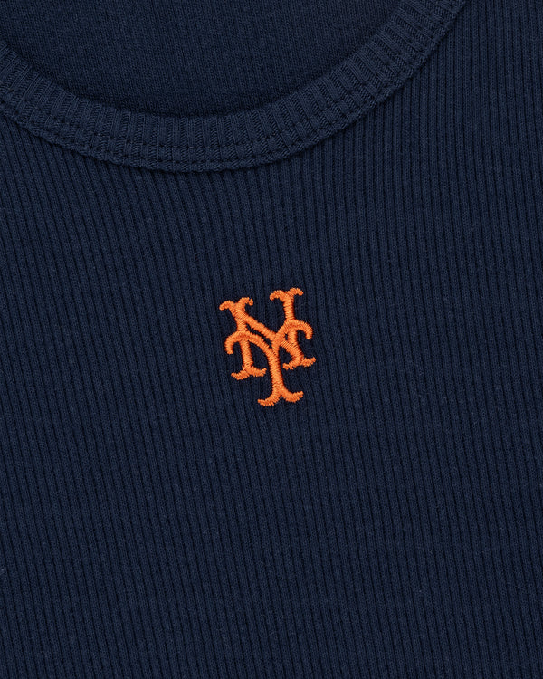 The Mets Tank Top features navy blue ribbed fabric with an orange embroidered interlocking NY logo centered.