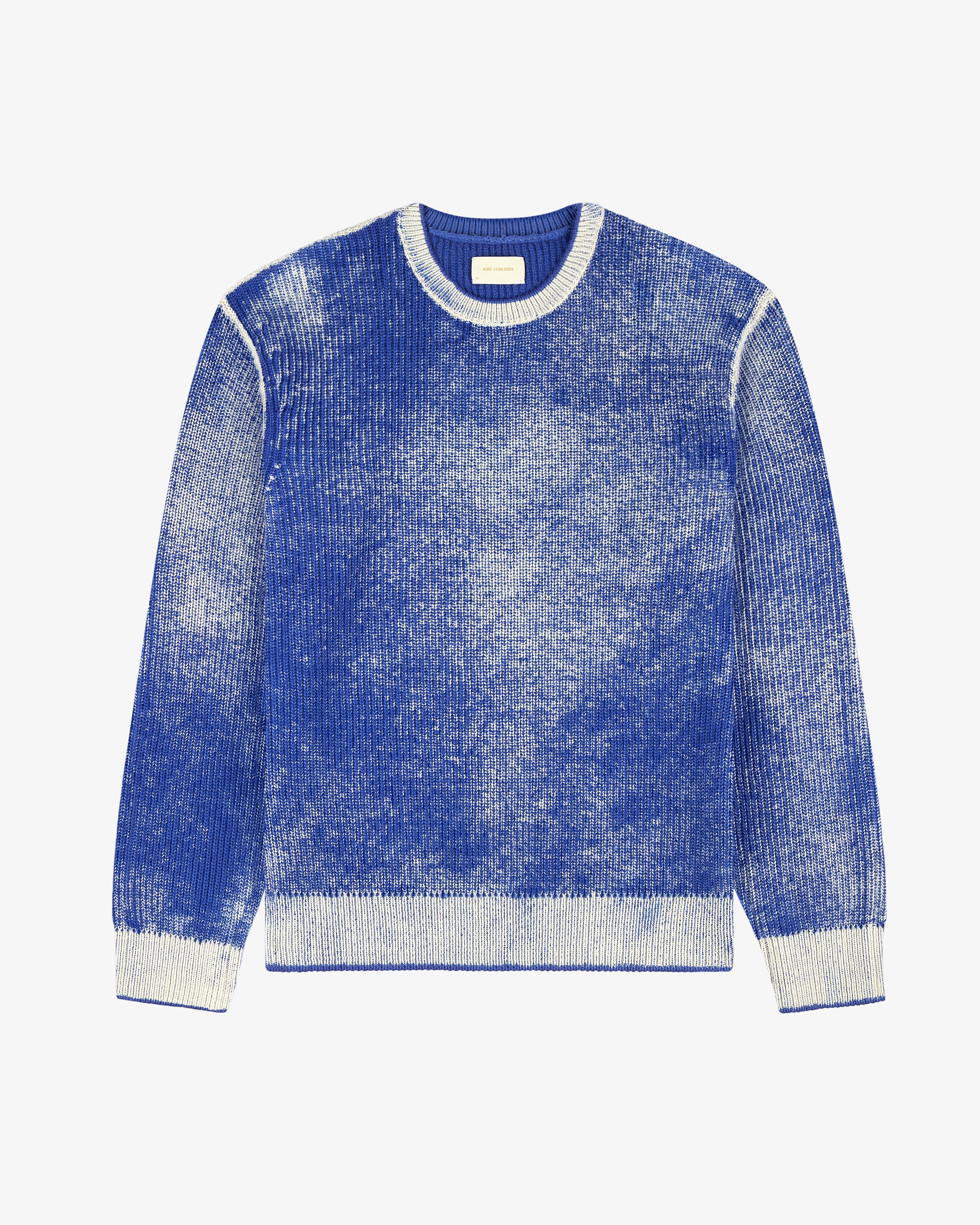 Kalloni Shaker Stitch Sweater in blue and white, long sleeves, ribbed texture, shown flat on a white background.