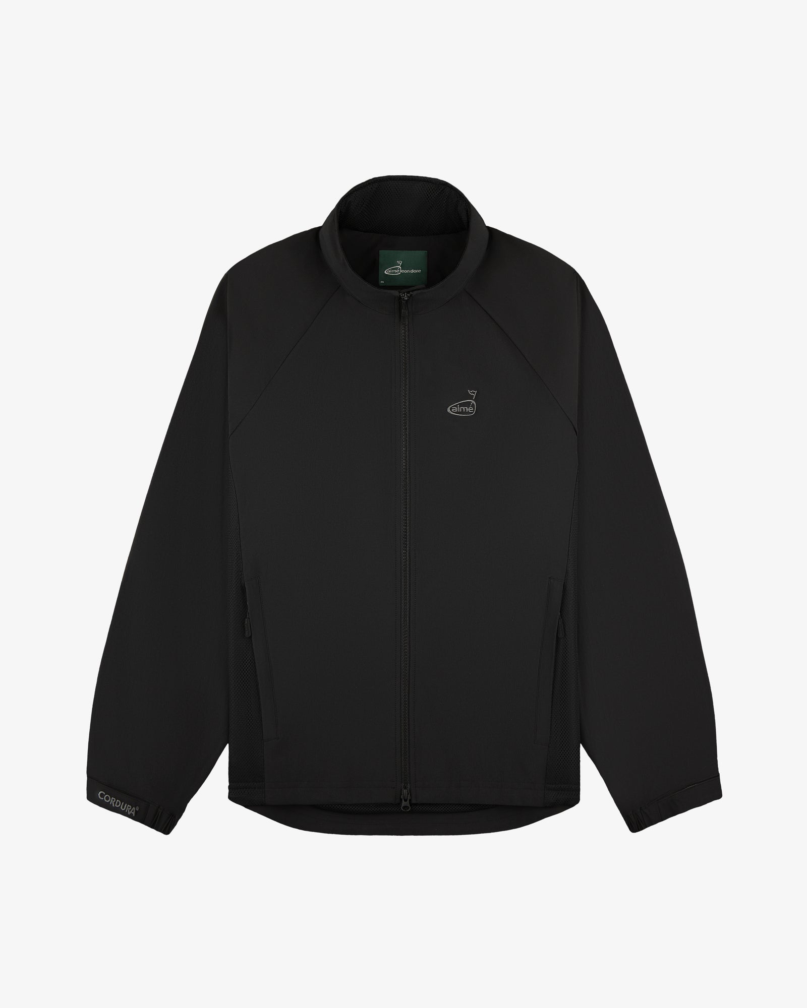 ALD Golf Cordura Tips Jacket—black zip-up with long sleeves, chest logo, and zippered side pockets on white background.