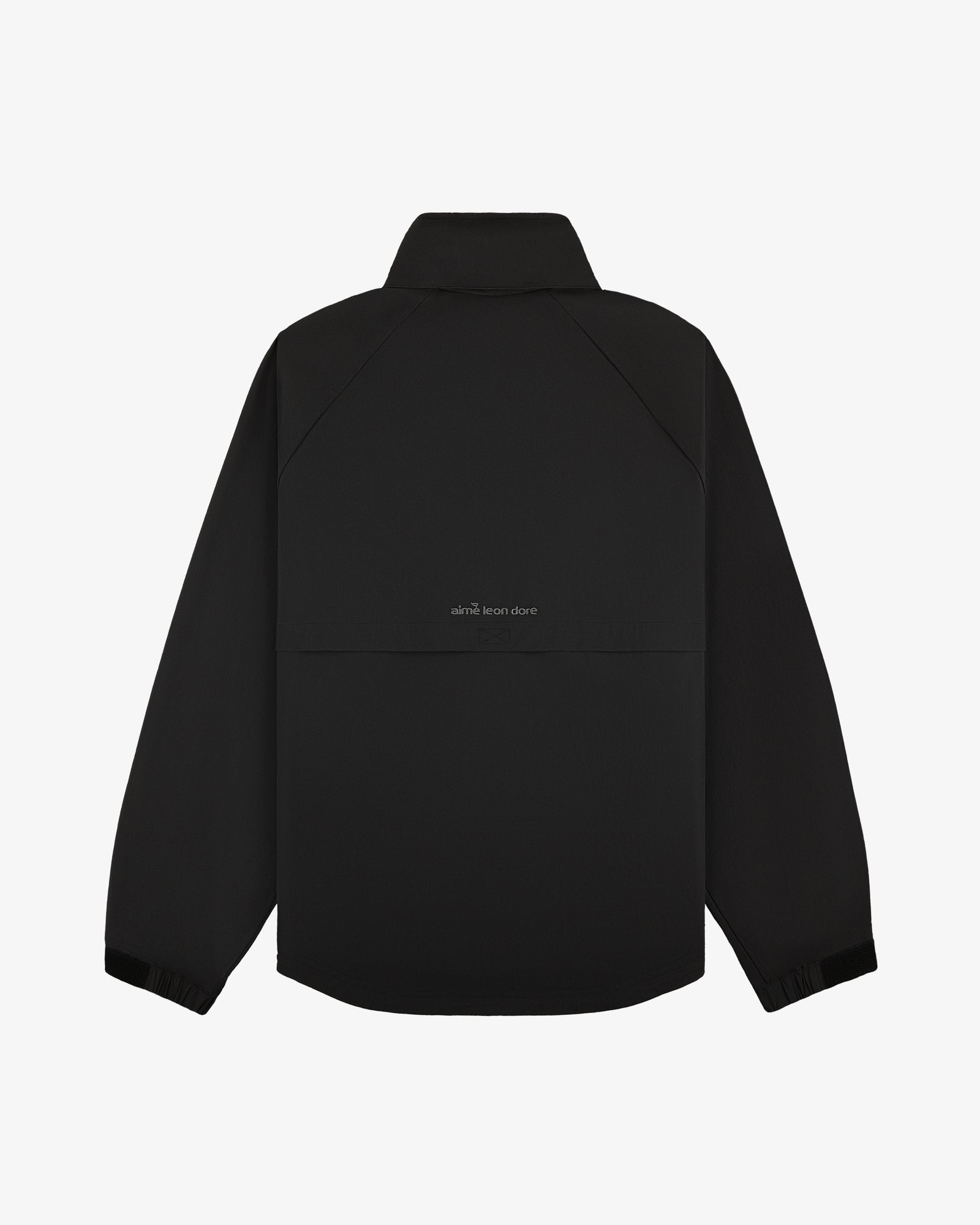 Back of ALD Golf Cordura Tips Jacket: black, long sleeves, collared, with subtle upper-back text.