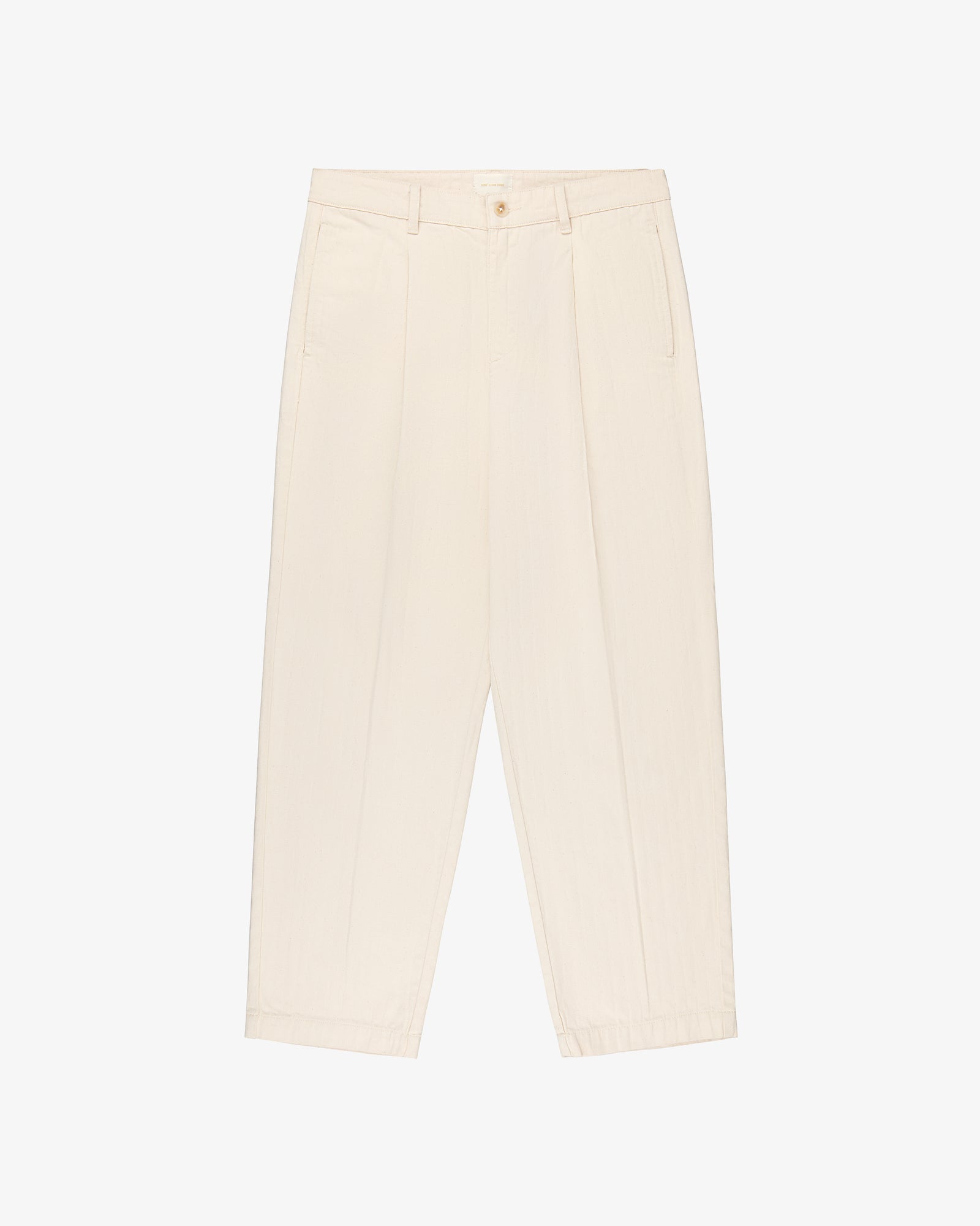 Cream, high-waisted Single Pleated Pant with side pockets and button closure, shown flat on a white background.