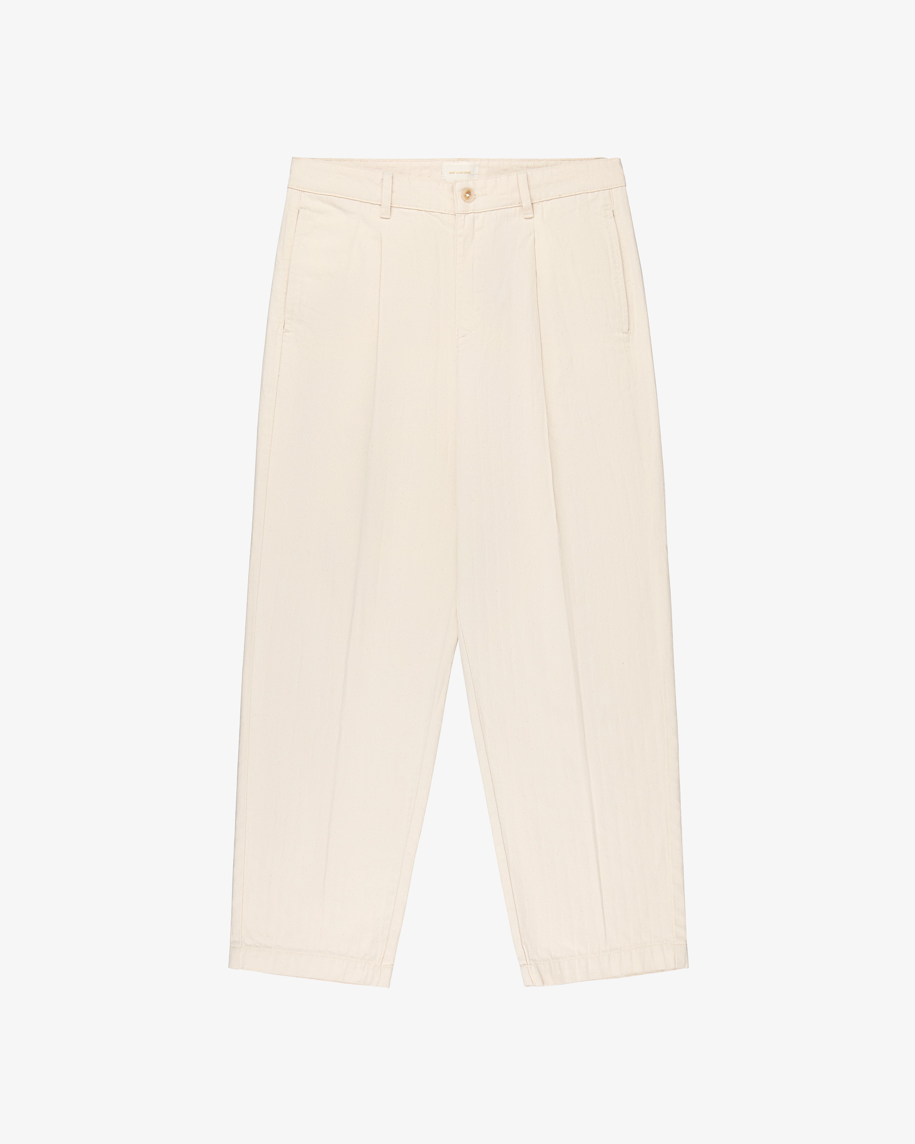 Cream, high-waisted Single Pleated Pant with side pockets and button closure, shown flat on a white background.