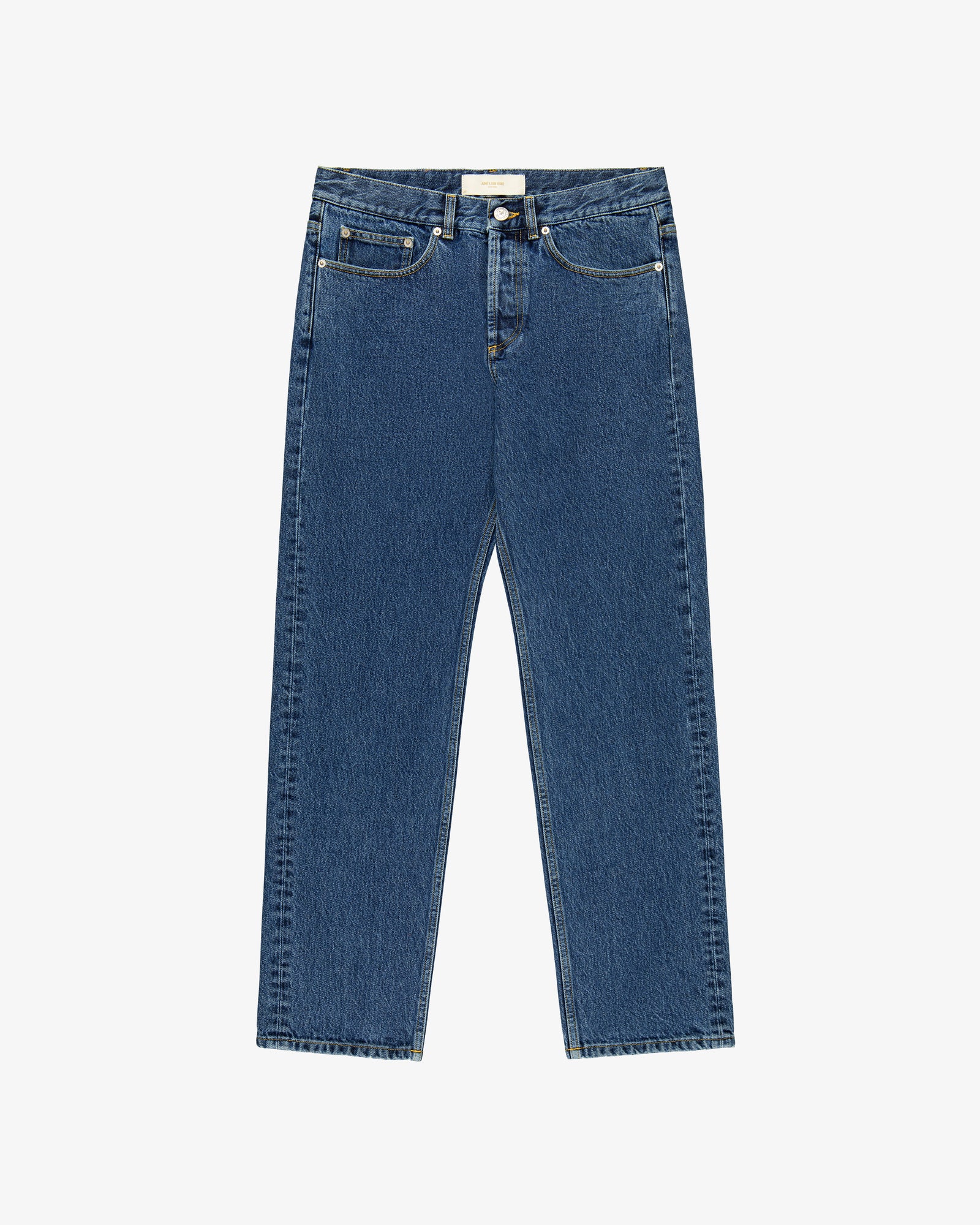 ALD Straight Fit Denim high-waisted blue jeans with front and back pockets, laid flat on a white background.