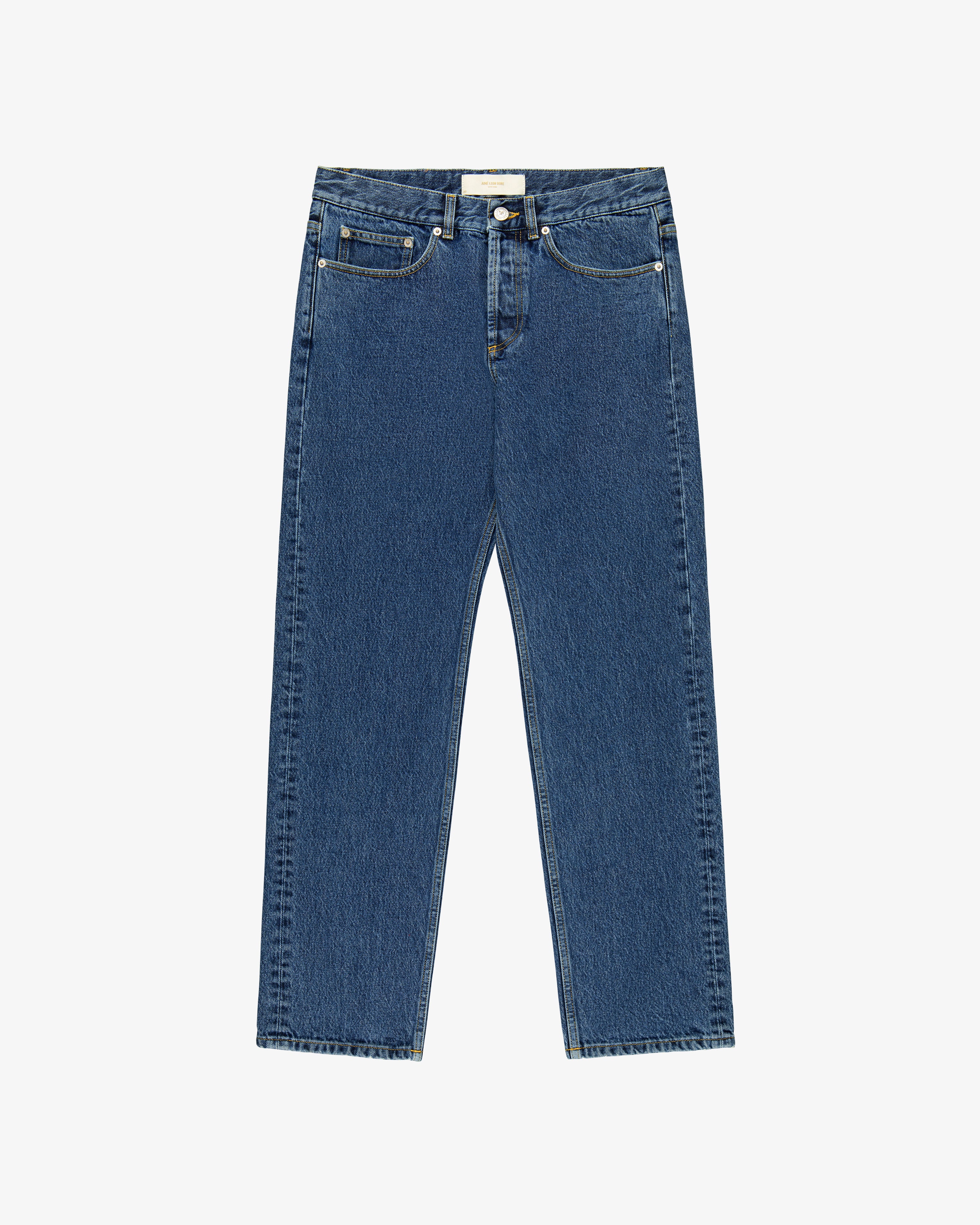 ALD Straight Fit Denim high-waisted blue jeans with front and back pockets, laid flat on a white background.