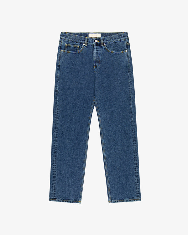 ALD Straight Fit Denim high-waisted blue jeans with front and back pockets, laid flat on a white background.