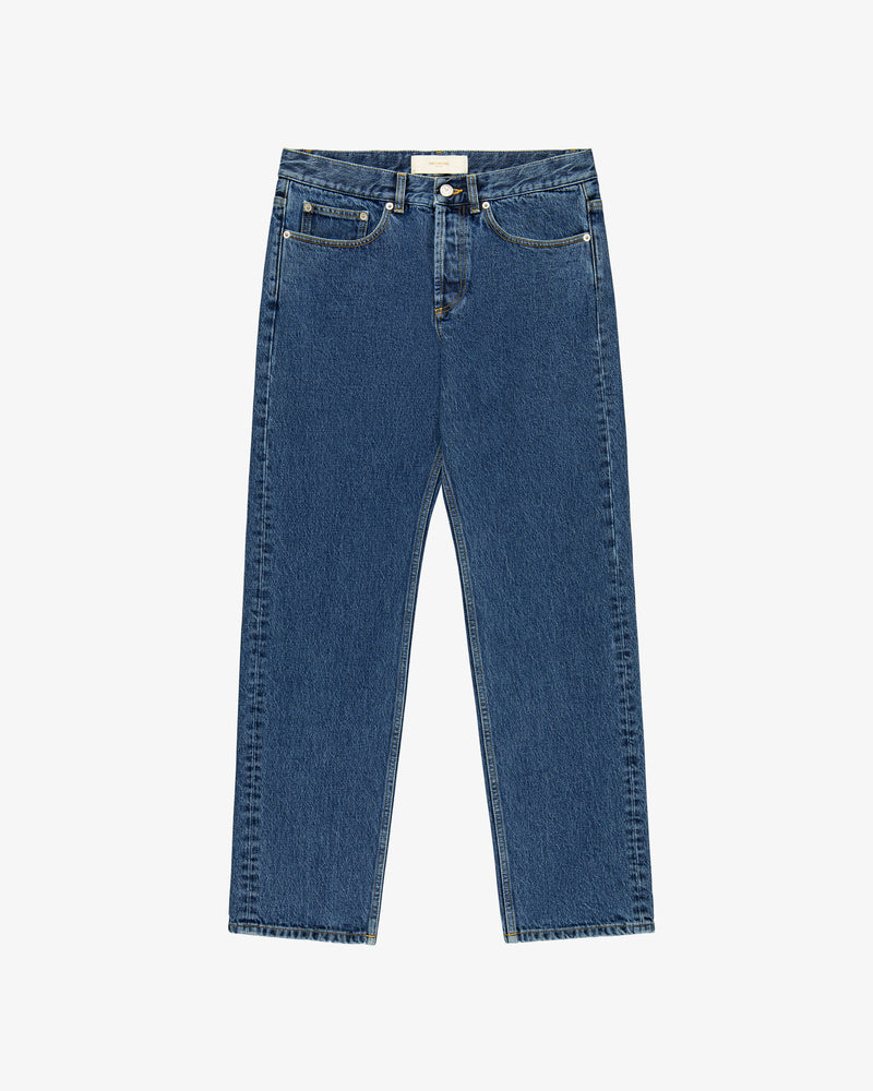 ALD Straight Fit Denim high-waisted blue jeans with front and back pockets, laid flat on a white background.