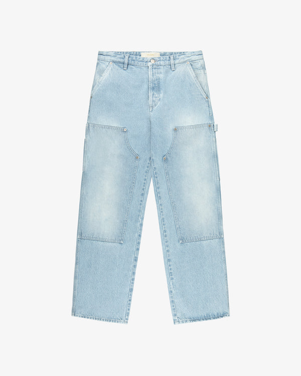 Denim Carpenter Pant in light blue with wide legs, large front patch pockets, and button closure, shown flat on white.