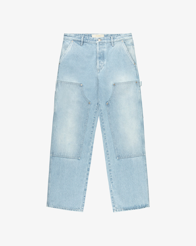 Denim Carpenter Pant in light blue with wide legs, large front patch pockets, and button closure, shown flat on white.